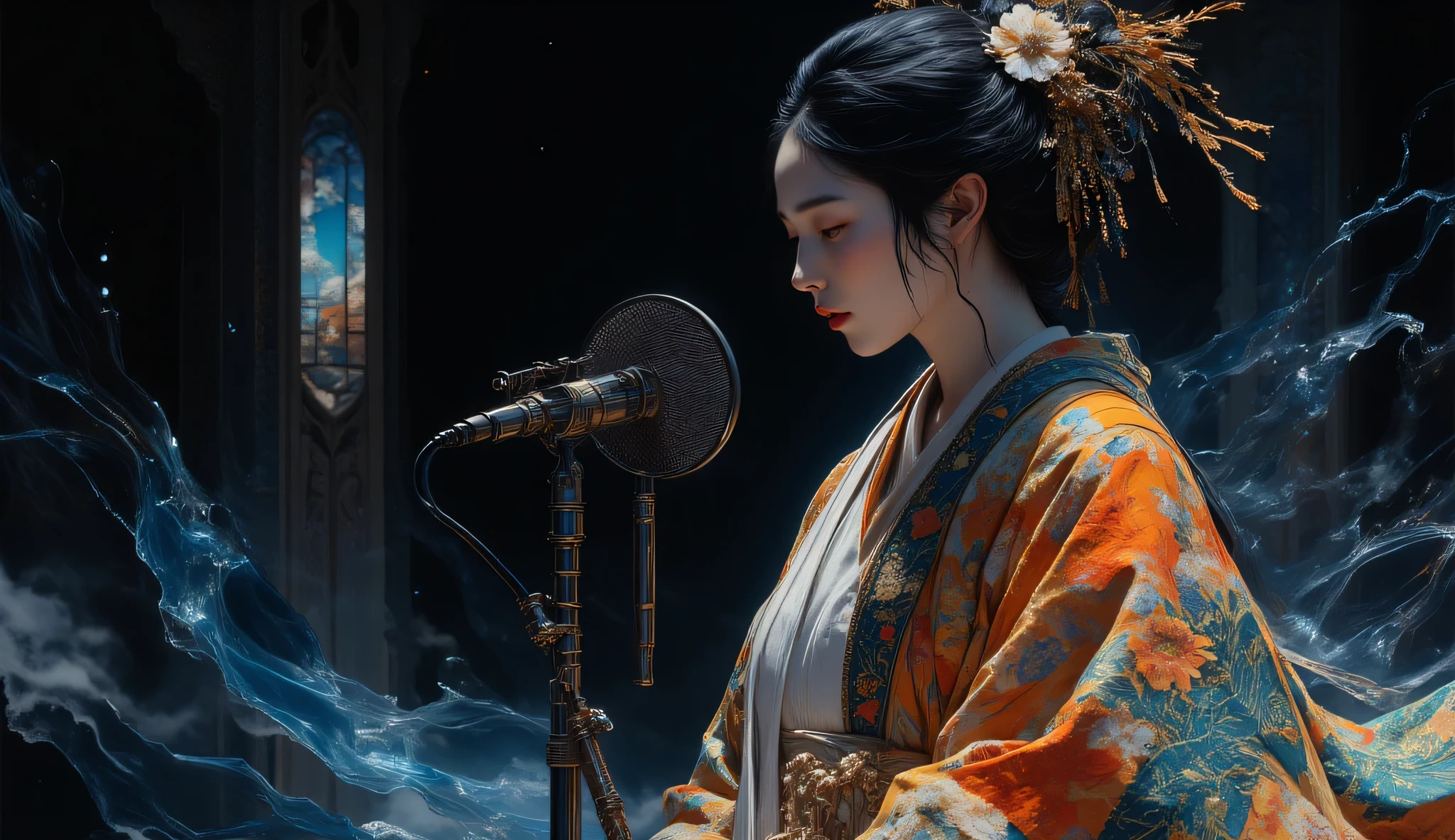 ,A woman singing into a microphone. Kimono, Japan,Perfect Anatomy, dynamic pose, 1girl, Studio Ghibli Dark Fairy Tale