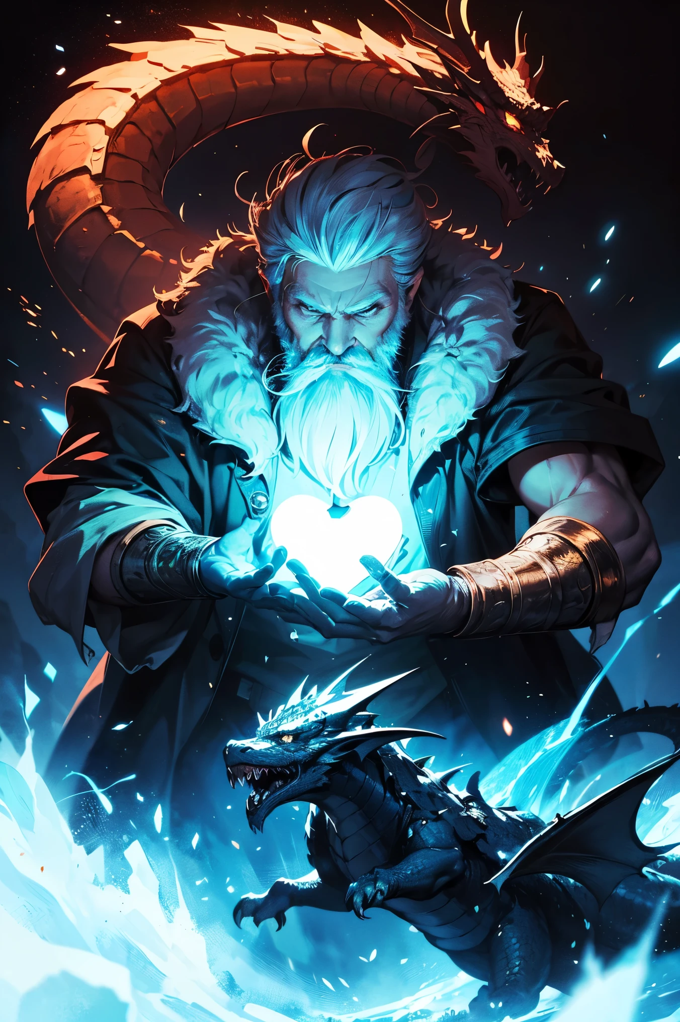 greatest masterpiece、Highest Quality、anime、An old dragon wielder with a splendid beard trains a big dragon。Dragons place their own hands on the palm of the hand held out by the old man、Front garden of an old castle、a dusty band of light、vivid colors、high contrast with Apple、Documentary feeling、A dynamic angle