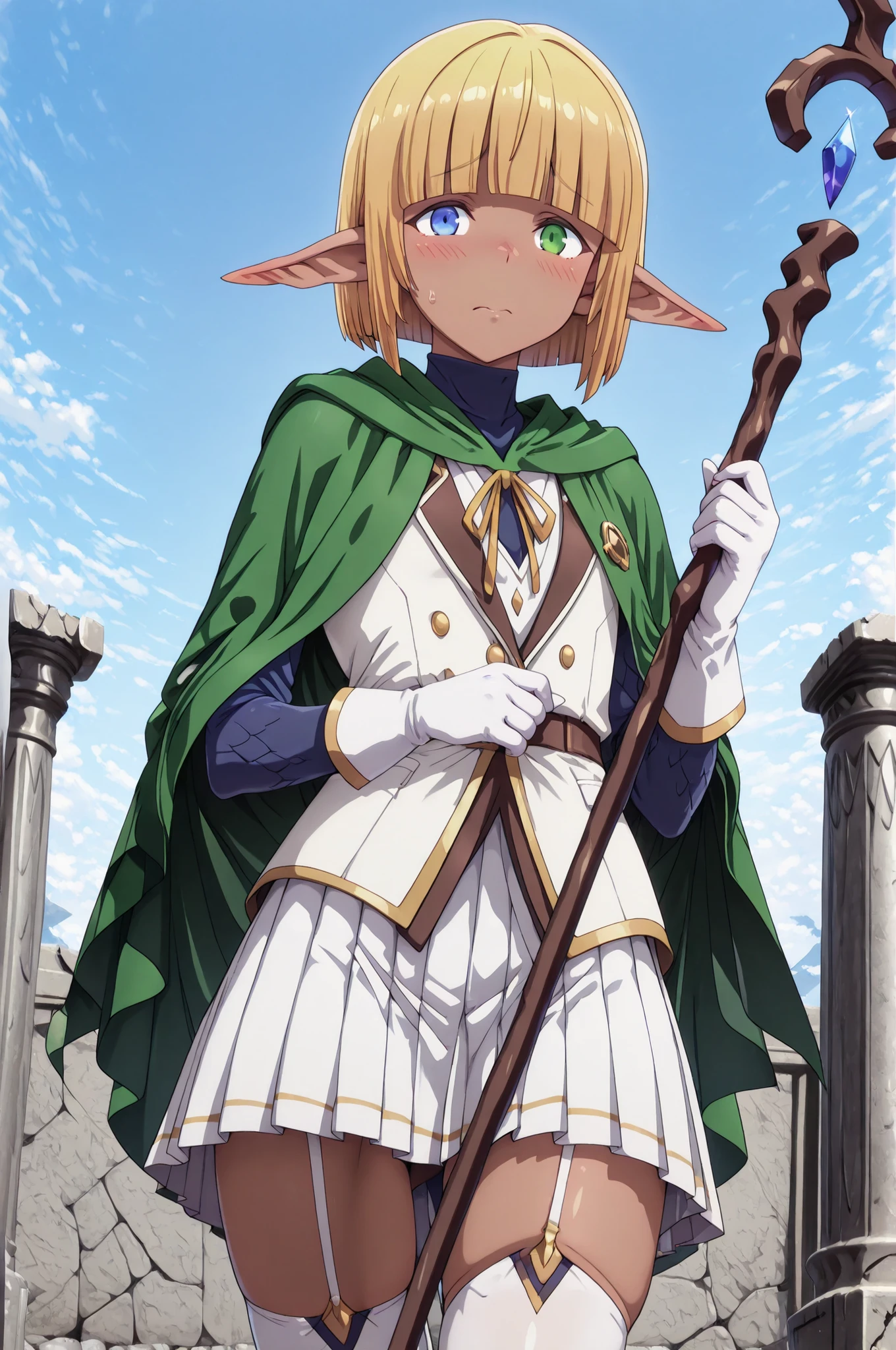 (masterpiece), (top quality, very aesthetic, sharp focus), 1boy, solo, ((mare bello fiore)), short hair, bangs, blue eyes, blonde hair, green eyes, pointed ears, blunt bangs, heterochromia, elf, ((otoko no ko)), dark elf, (pleated skirt), thigh-high stockings, gloves, white gloves, cloak, white thigh-high stockings, (complete arrogance, arrogant expression), cloak, staff, transgender, ((viewer's view, bottom view)), (shy), sky, (front view, cowboy shot, low angle), solo, (deep blush), background sitting on a broken thick stone pillar,