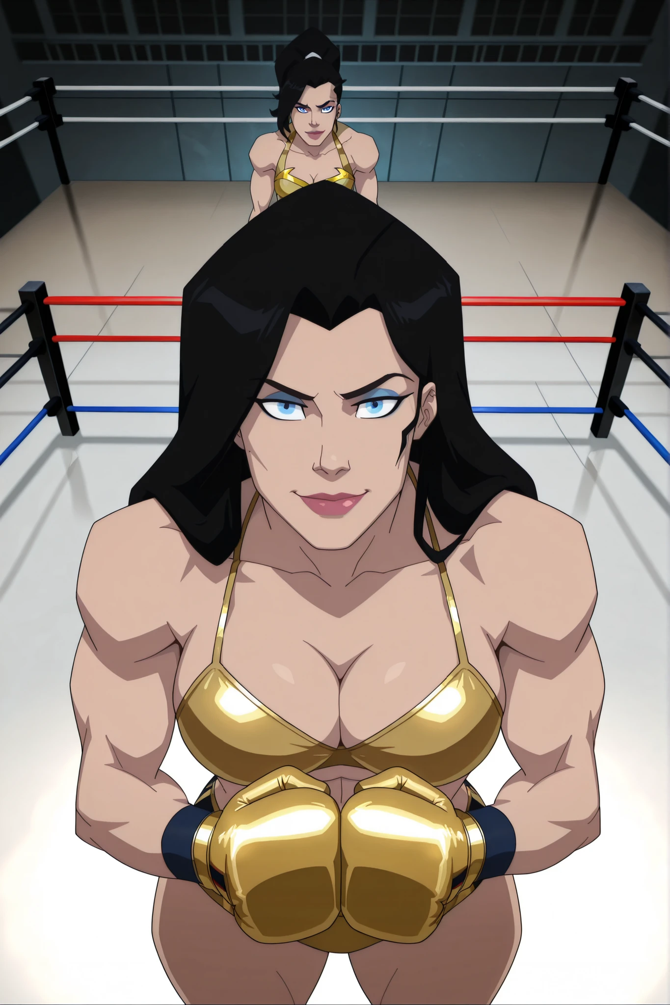 BREAK, score_6_up, score_7_up, score_8_up, score_9, 1girl, solo, long hair, blue eyes, black hair, bare shoulders, blue eyes, muscular female, midriff, bare shoulders, lipstick, makeup, wwBl00d, very large breasts, busty, cleavage, curvy, athletic, looking at viewer, seducing viewer, teasing viewer, seductive expression, smiling, closed mouth, bedroom eyes, gold bikini top, gold workout shorts, gold boxing gloves, indoors, boxing ring, standing, closeup, portrait, upper body, high-angle view, blue eyeshadow, black mascara, thick thighs, wide hips