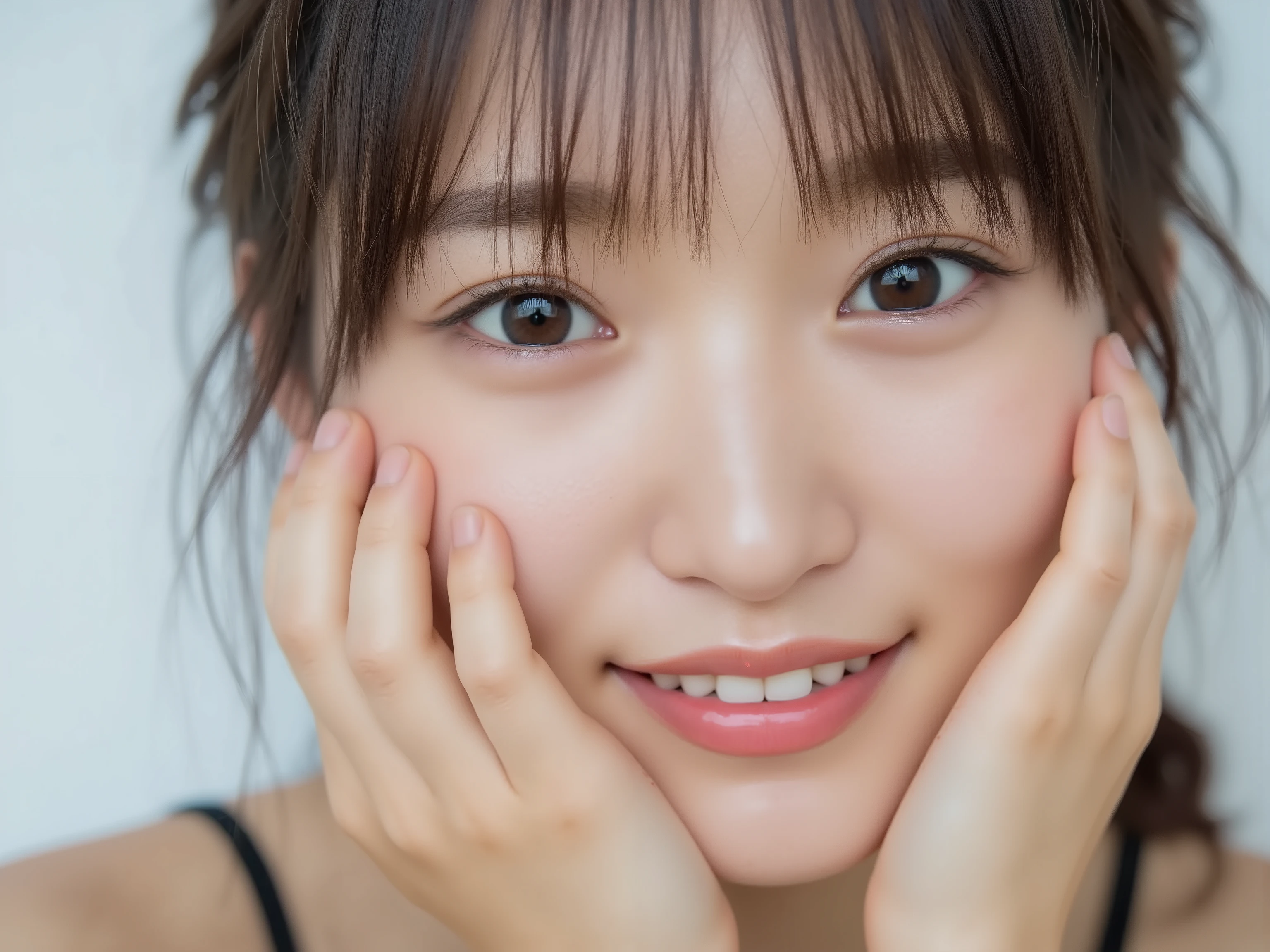 (Refined from an old photo, recreated in a modern, ultra high-quality photorealistic style, with a trendy Reiwa-era hairstyle: soft semi-long hair with natural waves and airy see-through bangs),
Ultra photorealistic close-up portrait of a beautiful Japanese woman,
upper-body shot, wearing a black outfit (completely out of frame, not visible),
shoulders and collarbone softly exposed,
both hands pressing her cheeks in a shy, lovestruck pose,
sparkling eyes gazing dreamily at the viewer with overwhelming affection,
cheeks blushing deeply with a sweet reddish glow,
soft glossy lips curved into a bright, full, lovestruck smile,
expression melting with love, playful, dreamy, adorably bashful,
purely cute and lovestruck, overflowing with affection and warmth,
realistic skin with detailed pores, subtle freckles, natural uneven tones,
tiny imperfections for realism, soft peach fuzz visible,
hair rendered with individual strands, slightly messy flow, natural matte shine,
soft diffused cinematic lighting, natural depth,
background pure white with gentle blur,
(masterpiece, best quality, high resolution, intimate romantic close-up, cinematic magazine cover style)
