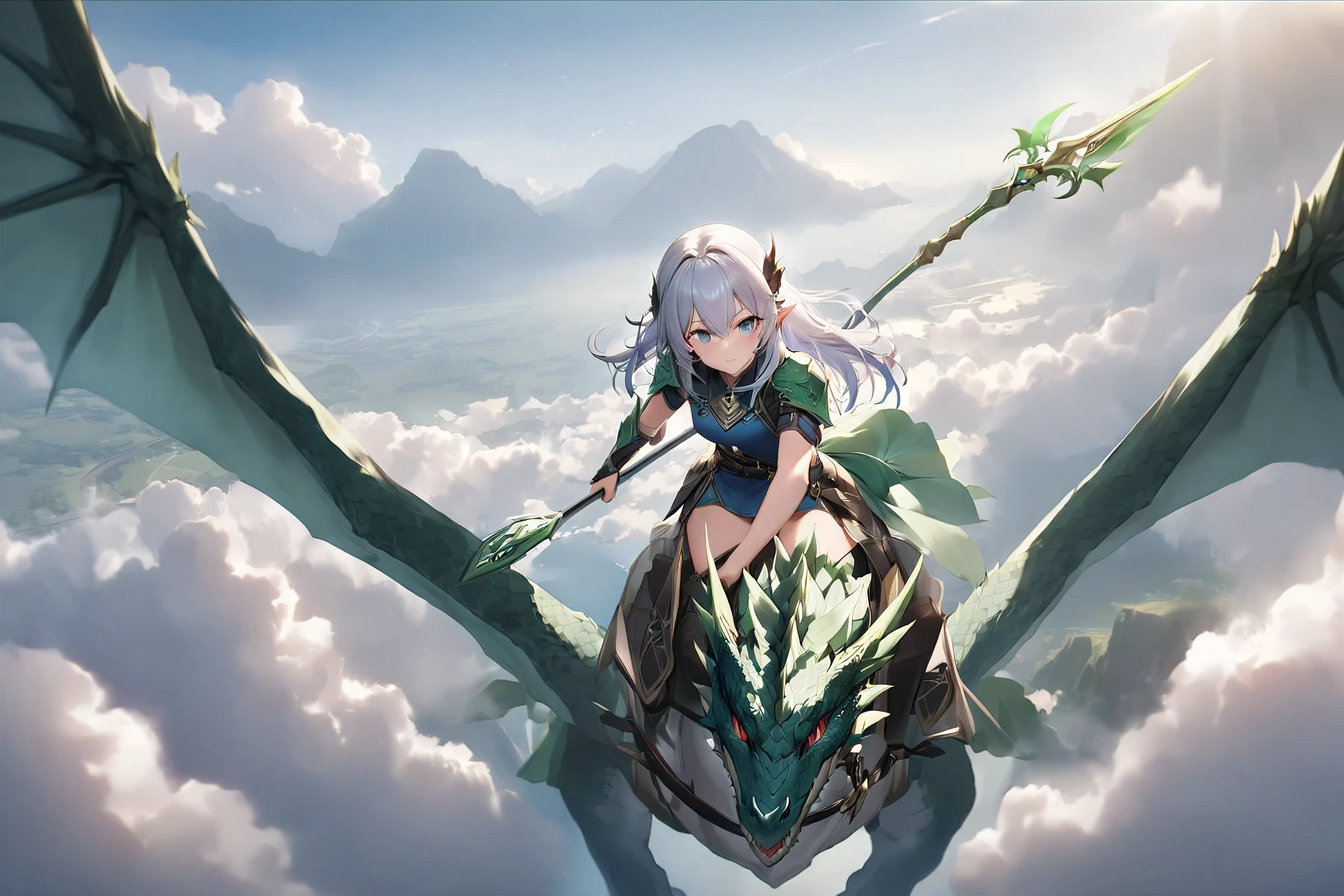 three-quarter view,pov,overhead angle,aerial view,Score 9, Score 8 Up, Score 7 Up, accurate body composition, exact number and shape of fingers, Masterpiece, Top Quality, Ultra-Detailed, Illustration, (Main Character: 1.4),1girl,solo,holding polearm,wyvern rider,wyvern,dragon riding,spear,cute face,age15, beautiful long hair,deep blue-silver hair,beautiful deep blue-grenn eyes,まつ毛、((紅銀の鱗の西洋竜に乗る騎士:1.2)), 風になびくマント, ((目に見える風の流れ:1.2)),, 空気の渦, 風切る翼, 鎧のきらめき, ダイナミックな構図, 疾走感, 青空, 流れる雲, 光の差し込み, 完璧な空気感, 風を切る躍動感、人物メイン、人物寄り(ドラゴンは顔から腕・翼ぐらいまで入っていればOK!)、俯瞰構図、ほぼ真下に見える角度の古代欧州の街並み、昼間、なるべくviwerに向いた角度で疾走