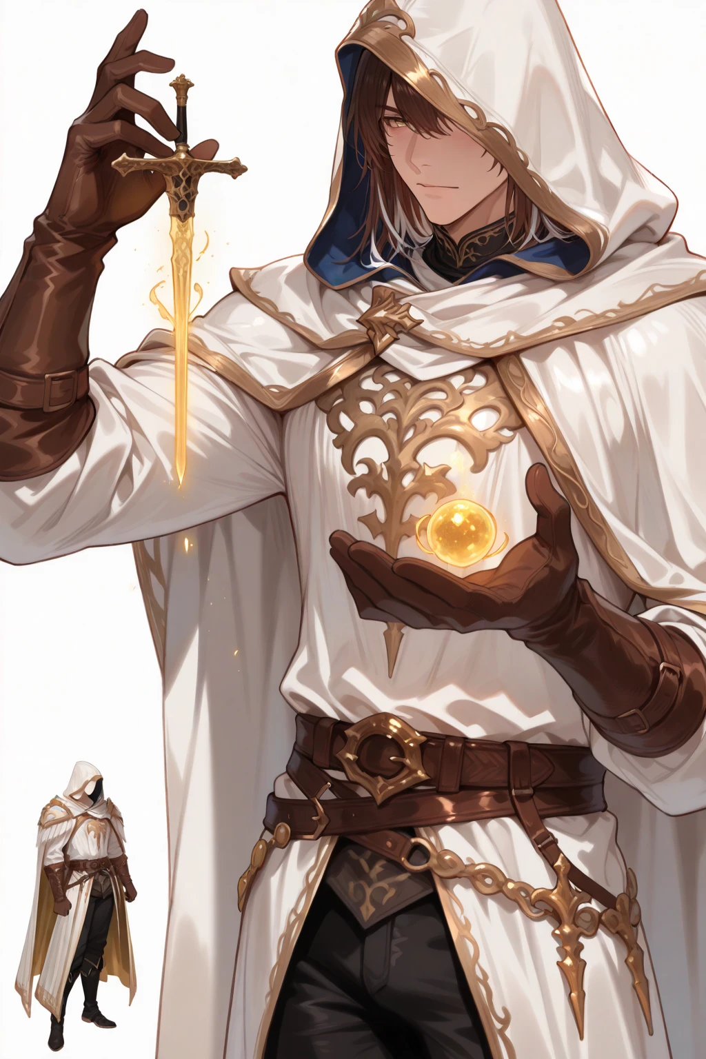 8K，HighestQuali，tmasterpiece，Anime figure，mtu，Dark-skinned men，Brownish-yellow skin，Thick lines，Cover your breasts，muscle men，White hair，whaite hair，short detailed hair，White eyebrows，white eyebrow，Pale yellow eyes，Black skin，black-skinned，Robe，Yellow-blue robe，Abs，musculature，Bandages on hands and arms，bandaged arms，Bandage hands，Guanxiang，lookingat，Crystal in hand，Look at the crystals，akimbo，