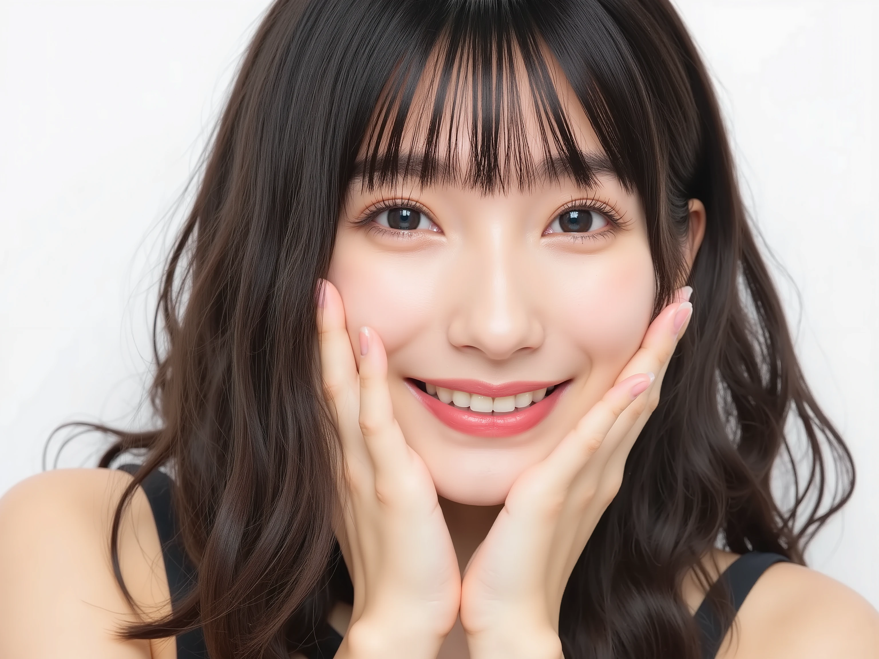 (Refined from an old photo, recreated in a modern, ultra high-quality photorealistic style, with a trendy Reiwa-era hairstyle: soft semi-long hair with natural waves and airy see-through bangs), 
Ultra photorealistic close-up portrait of a beautiful Japanese woman, 
upper-body shot, wearing a black outfit (completely out of frame, not visible), 
shoulders and collarbone softly exposed, 
both hands pressing her cheeks in a shy, lovestruck pose, 
sparkling eyes gazing dreamily at the viewer with overwhelming affection, 
cheeks blushing deeply with a sweet reddish glow, 
soft glossy lips curved into a bright, full, lovestruck smile, 
expression melting with love, playful, dreamy, adorably bashful, 
purely cute and lovestruck, overflowing with affection and warmth, 
realistic skin with detailed pores, subtle freckles, natural uneven tones, 
tiny imperfections for realism, soft peach fuzz visible, 
hair rendered with individual strands, slightly messy flow, natural matte shine, 
soft diffused cinematic lighting, natural depth, 
background pure white with gentle blur, 
(masterpiece, best quality, high resolution, intimate romantic close-up, cinematic magazine cover style)