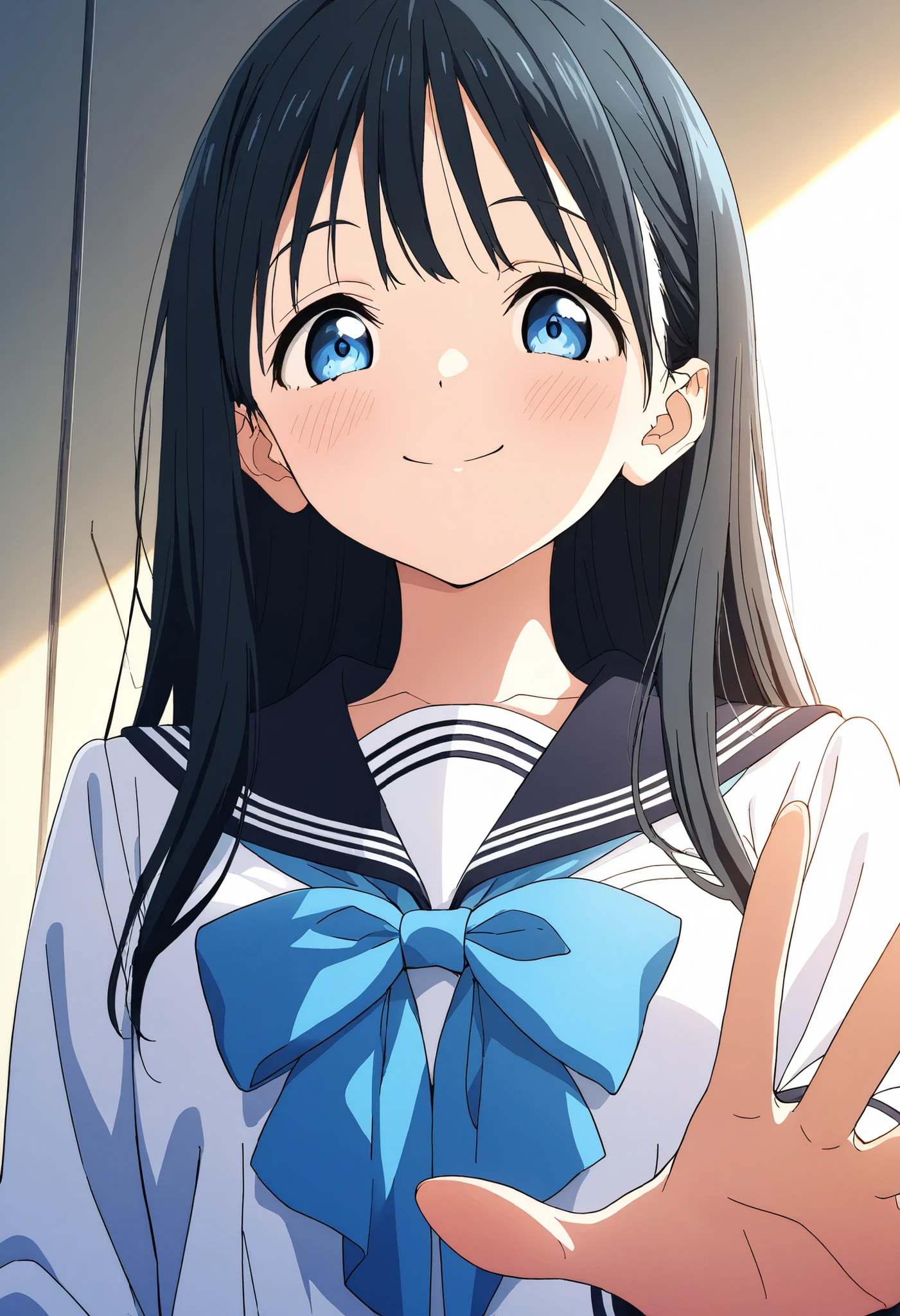 masterpiece, Highest Quality, 8k, OFFICIAL ART, Key Visual, Detailed Lighting , cell shading,
1girl, Komichi Akebi , Asuka Komichi , long hair, Bang, blue eyes, dark haired,
School Uniform, sailor suit next to the eye, white shirt, long sleeve, sailor suit next to the eye, black sailor suit next to the eye, blue bow, blue neckerchief,
Upper Body Shots, at a low angle , soft lighting, warm atmosphere,
Smile Yan, kind expression, girl looking down warmly, reaching out to stroke the viewer's head,
very detailed, bright colors, focuses on the girl's upper body and hands, Soft-focus background,Big Smiles、Accurate Fingers数量、spread your legs、Accurate Fingers, (perfect hand, perfect anatomy),is smiling at me、Accurate Fingers, (perfect hand, perfect anatomy),