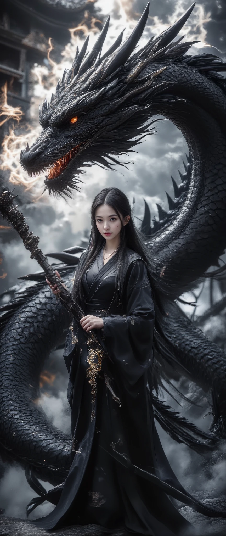 ( 32K High Resolution:1.3, photorealistic, Highest Quality, masterpiece, ultra high res:1.5), ((monochrome, Black and White, mysterious肖像画)), highly detailed skin and face textures, perfect dynamic composition, professional camera work, Ultra High Accuracy, ((big black dragon:1.4, Flames from the mouth, Violent)), (Old-fashioned:1.3, wonderful:1.2, tradition:1.2, majestic:1.2), shrine maiden costume, Has a long, luxurious cane, cute and sexy slim shrine maiden, Fair skin, (Small Faces, Clear Expression:0.9, training:1.0), big L cup boobs, Waist 55cm , 92 cm butt, Details on every aspect, Romantic, artistic, mysterious, Object of praise, original, Dramatic, Innovative, charm, Heartful, gorgeous, sense of loss, Special, exciting, Extreme, Accurate representation of hands and feet, Mysterious Symmetry, 背景にViolentな龍