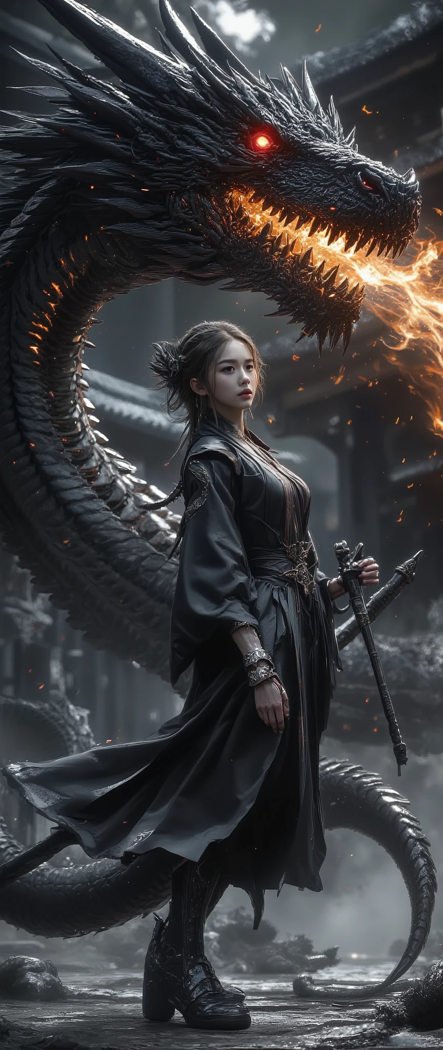 ( 32K High Resolution:1.3, photorealistic, Highest Quality, masterpiece, ultra high res:1.5), ((monochrome, Black and White, mysterious肖像画)), highly detailed skin and face textures, perfect dynamic composition, professional camera work, Ultra High Accuracy, ((big black dragon:1.4, Flames from the mouth, Violent)), (Old-fashioned:1.3, wonderful:1.2, tradition:1.2, majestic:1.2), shrine maiden costume, Has a long, luxurious cane, cute and sexy slim shrine maiden, Fair skin, (Small Faces, Clear Expression:0.9, training:1.0), big L cup boobs, Waist 55cm , 92 cm butt, Details on every aspect, Romantic, artistic, mysterious, Object of praise, original, Dramatic, Innovative, charm, Heartful, gorgeous, sense of loss, Special, exciting, Extreme, Accurate representation of hands and feet, Mysterious Symmetry, 背景にViolentな龍