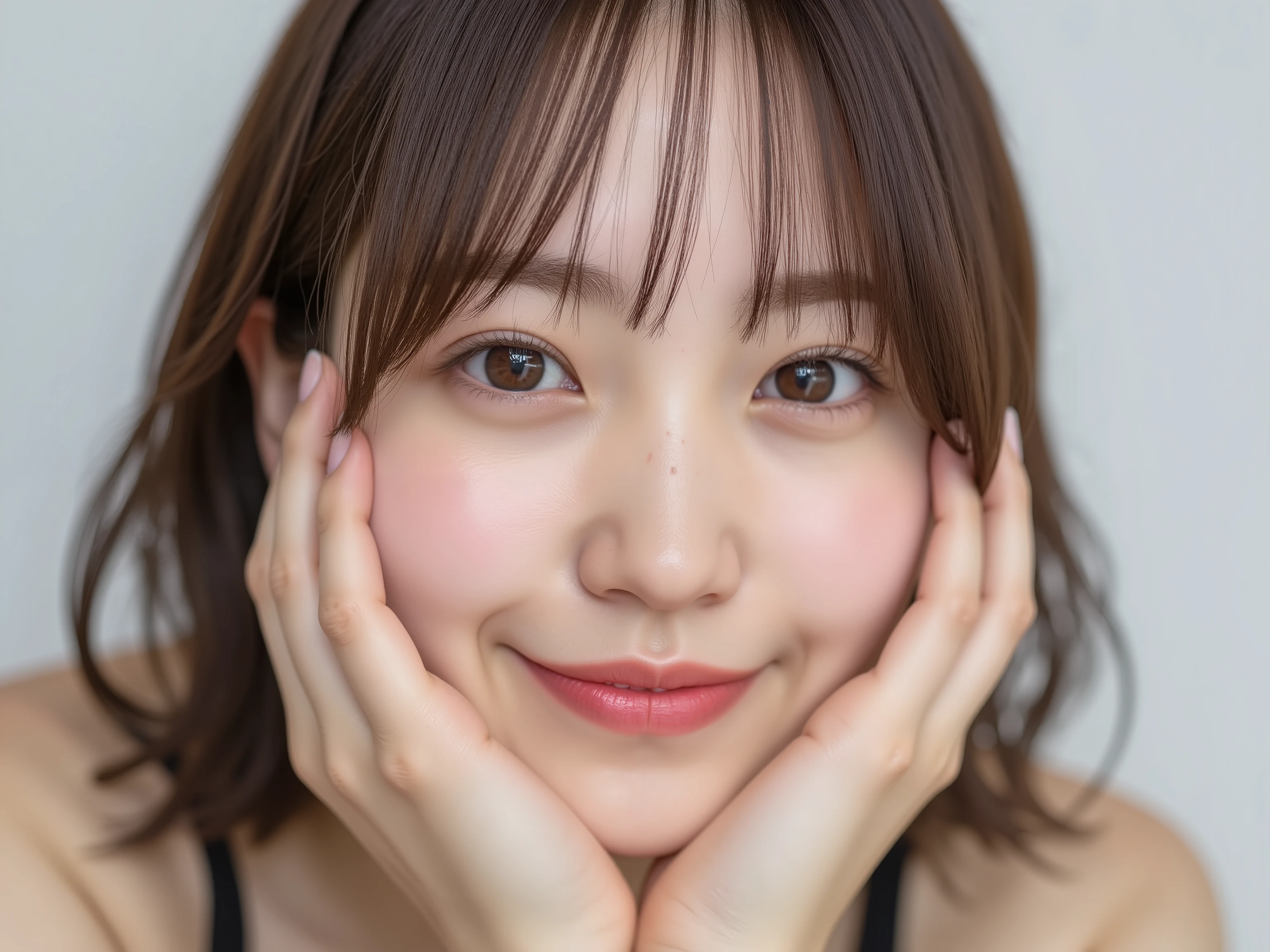 (Refined from an old photo, recreated in a modern, ultra high-quality photorealistic style, with a trendy Reiwa-era hairstyle: soft semi-long hair with natural waves and airy see-through bangs),
Ultra photorealistic close-up portrait of a beautiful Japanese woman,
upper-body shot, wearing a black outfit (completely out of frame, not visible),
shoulders and collarbone softly exposed,
both hands pressing her cheeks in a shy, lovestruck pose,
sparkling eyes gazing dreamily at the viewer with overwhelming affection,
cheeks blushing deeply with a sweet reddish glow,
soft glossy lips curved into a bright, full, lovestruck smile,
expression melting with love, playful, dreamy, adorably bashful,
purely cute and lovestruck, overflowing with affection and warmth,
realistic skin with detailed pores, subtle freckles, natural uneven tones,
tiny imperfections for realism, soft peach fuzz visible,
hair rendered with individual strands, slightly messy flow, natural matte shine,
soft diffused cinematic lighting, natural depth,
background pure white with gentle blur,
(masterpiece, best quality, high resolution, intimate romantic close-up, cinematic magazine cover style)