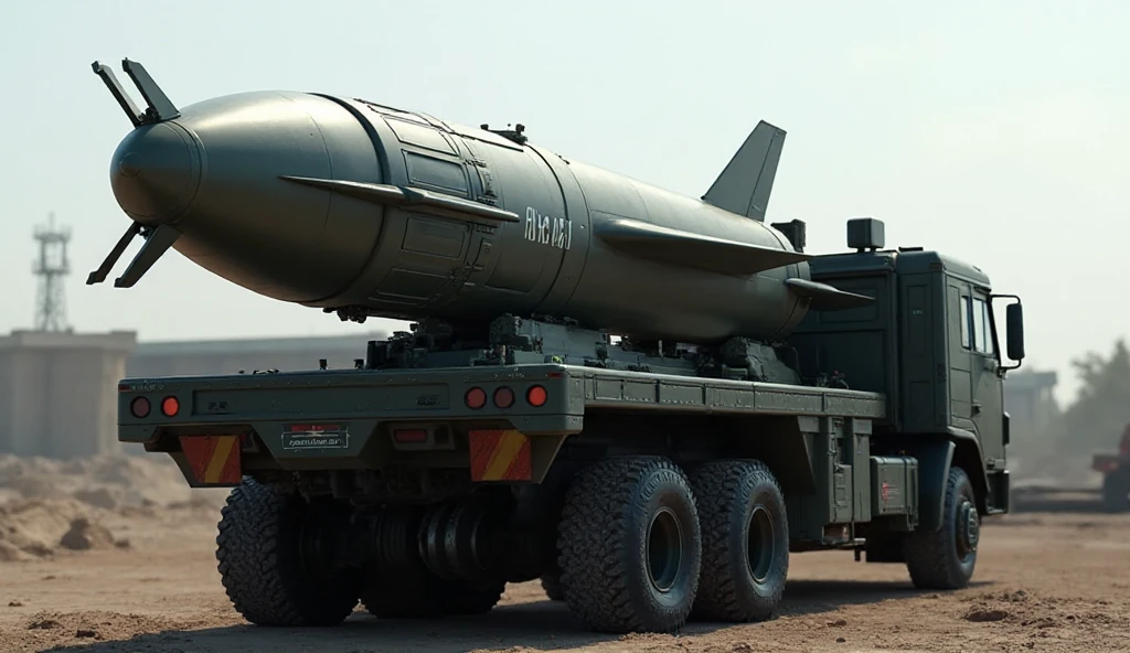 Roket RX-450 missile mounted on military truck, back view, visible ...