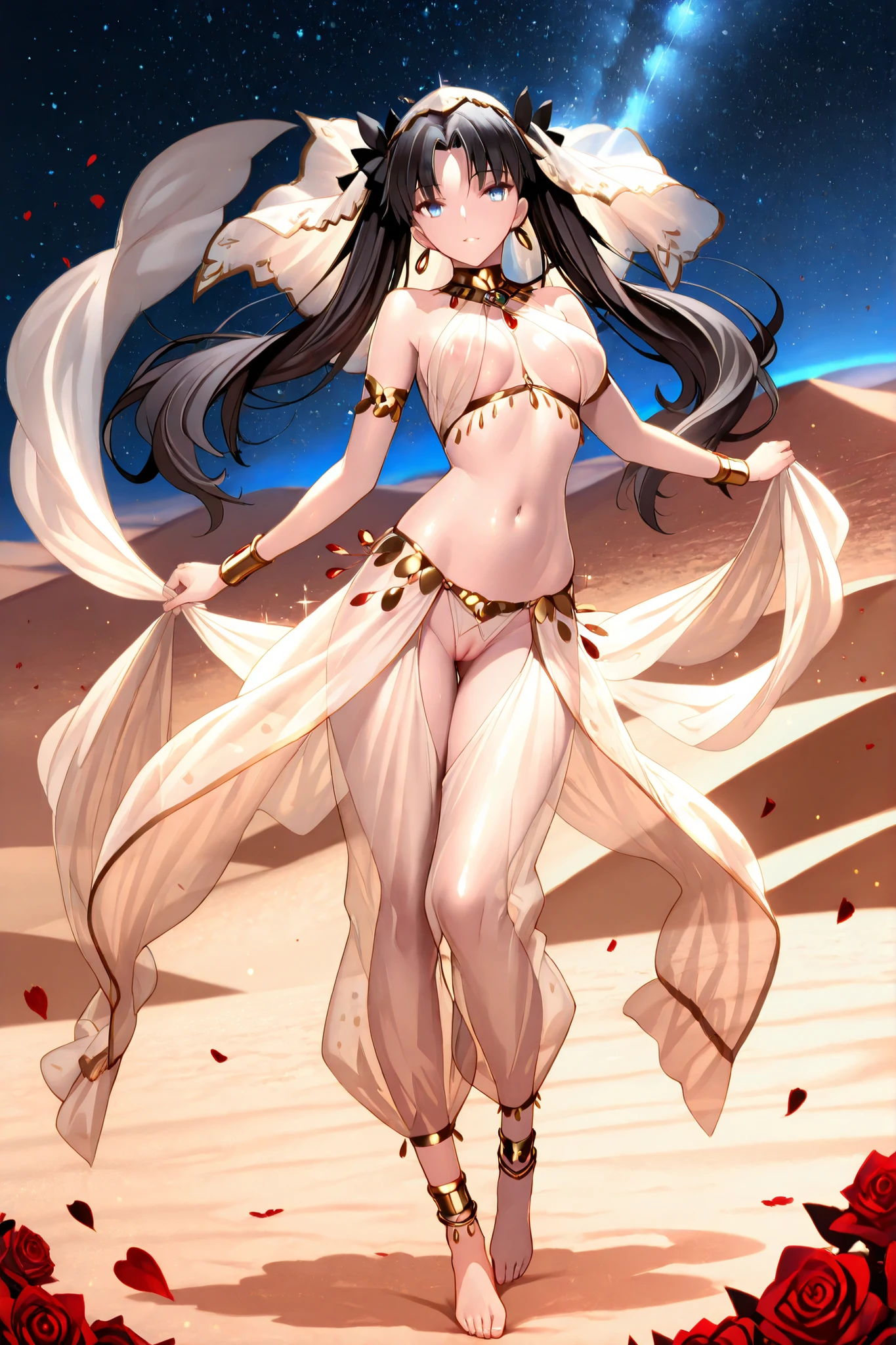 Highest Quality, Masterpiece, super high resolution 1 girl,button, TYPE-MOONスタイル, Fate/Grand Order, Arabian Dancer, long black hair,twin tails, Light Blue Eyes, Beautiful Face, Graceful Posture, slim figure visible to the navel, Flexible Hips, smooth skin, See-through costume,red and gold belly dance costume,Jewelry decoration, Sparkling Waist Ornaments,silky veil, Beautiful vertical belly, Clear,  Moist skin, graceful camel toe, Ankle Bracelets,Slender Toe Finger, Rose Petals, fantastic desert landscape, moonlight, starry sky, Sand Dunes,  oasis, Seductive Atmosphere, Sensual Poses, soft lighting, Contrast of Shadows, Fantasy Elements, magic sparkle, mystical vibe