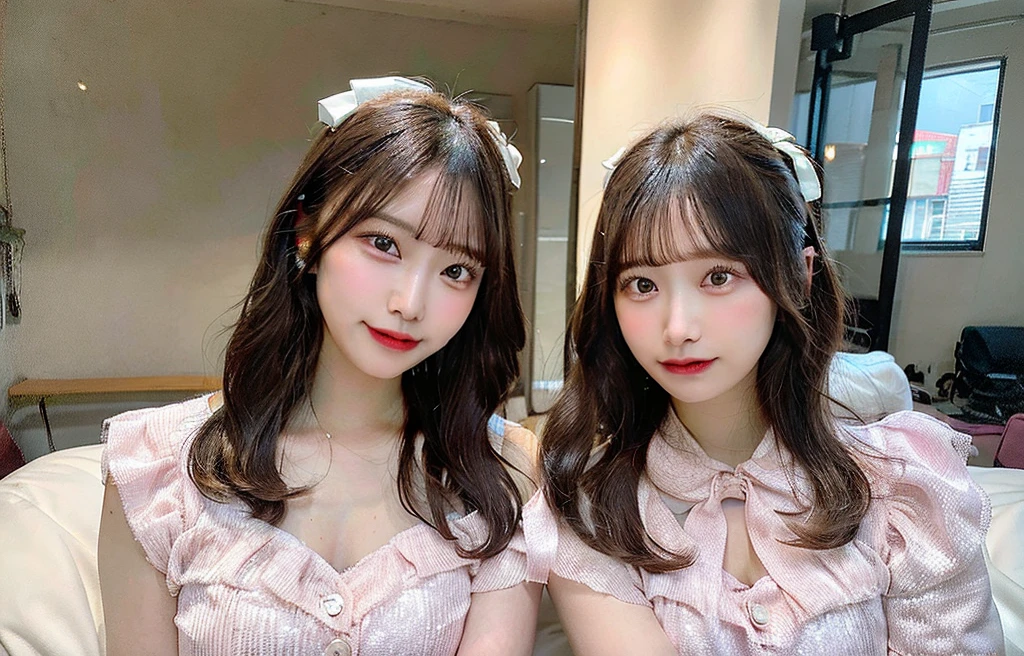 2 girls in、masutepiece, Best Quality, Illustration, Ultra-detailed, finely detail, hight resolution, 8K Wallpaper, Perfect dynamic composition, Beautiful detailed eyes,  Natural Lip,pink,blouse、 cleavage, up of face、,Swaying hair、twintails hair, Looking up at me、