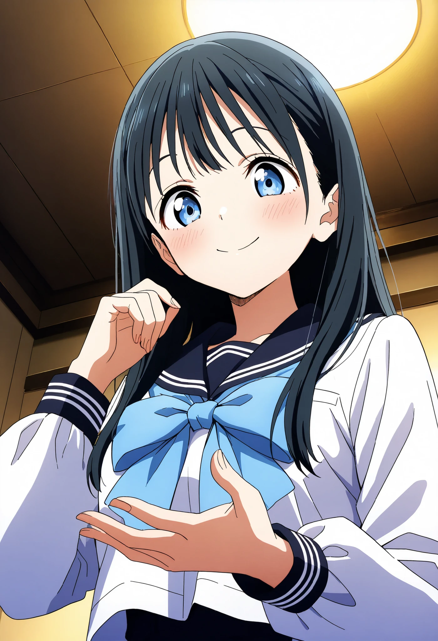 masterpiece, Highest Quality, 8k, OFFICIAL ART, Key Visual, Detailed Lighting , cell shading,
1girl, Komichi Akebi , Asuka Komichi , long hair, Bang, blue eyes, dark haired,
School Uniform, sailor suit next to the eye, white shirt, long sleeve, sailor suit next to the eye, black sailor suit next to the eye, blue bow, blue neckerchief,
Upper Body Shots, at a low angle , soft lighting, warm atmosphere,
Smile Yan, kind expression, Girl looking down warmly
Very detailed, bright colors, focuses on the girl's upper body and hands, Soft-focus background,Big Smiles、Accurate Fingers数量、spread your legs、Accurate Fingers, (perfect hand, perfect anatomy),is smiling at me、Accurate Fingers, (perfect hand, perfect anatomy),