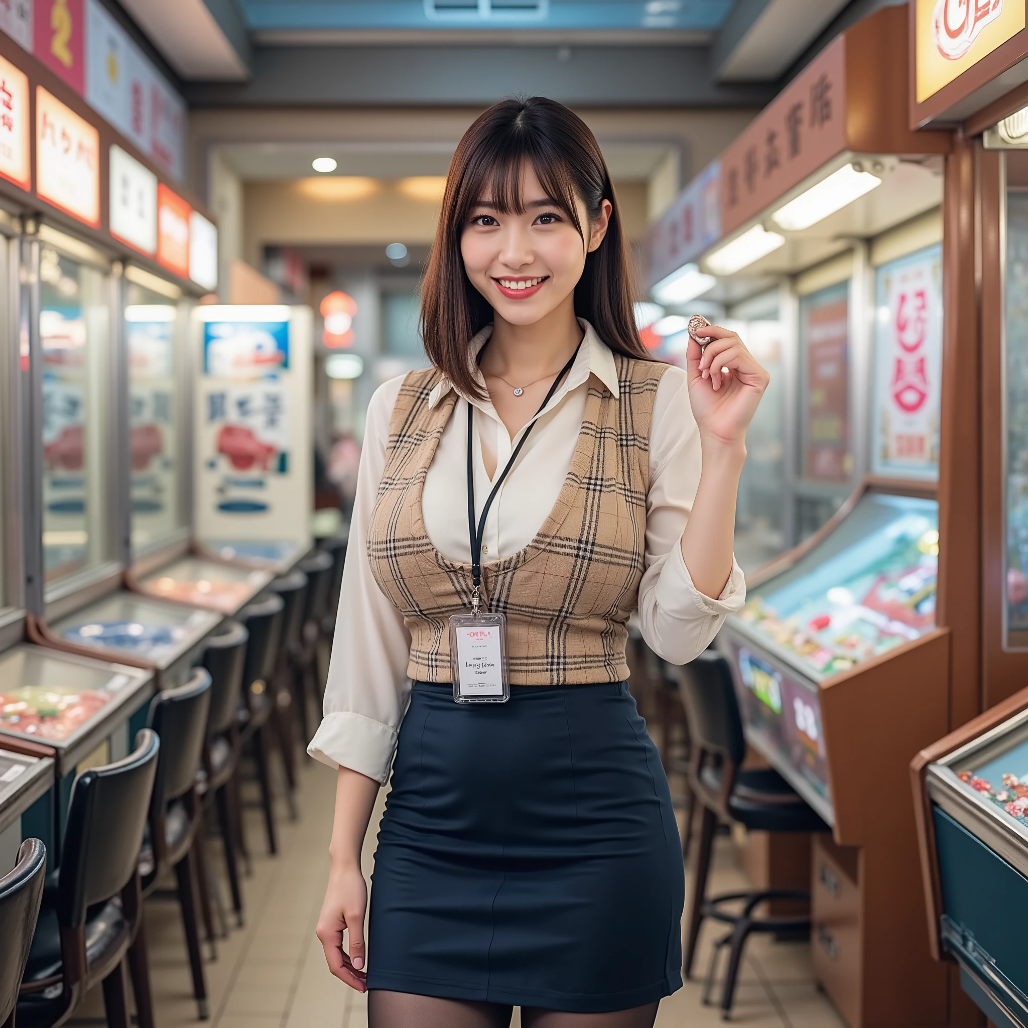  adult female 1, (small breasts),medium hair,low ponytail,slightly disheveled hair,(Slightly dark brown hair),Side Sweep Cross Bang,narrow eyes,brown eyes,Smile, parted lips,Office Uniform,pen in chest pocket、Beige Collared Button Front Vest,(Burberry Plaid Vest),(Show Hem:1.4),White shirt with sleeves rolled up to the elbow,simple design silver necklace,,(Navy blue matte textured pencil skirt:1.2),You can see your thighs on the skirt and stockings,black stockings,,black loafers,(Black ID Card Neck Strap),Long Neck Straps,Hold a Coin in Your Hand, put one hand forward, Indoor, pachinko_parlours, posters (object),monitor, tiles, neon light, many chairs,,masterpiece,Highest Quality,vivid,very beautiful,high contrast with Apple,,Newest,upper body,unattacked vest, watch viewers, Dutch angle, 