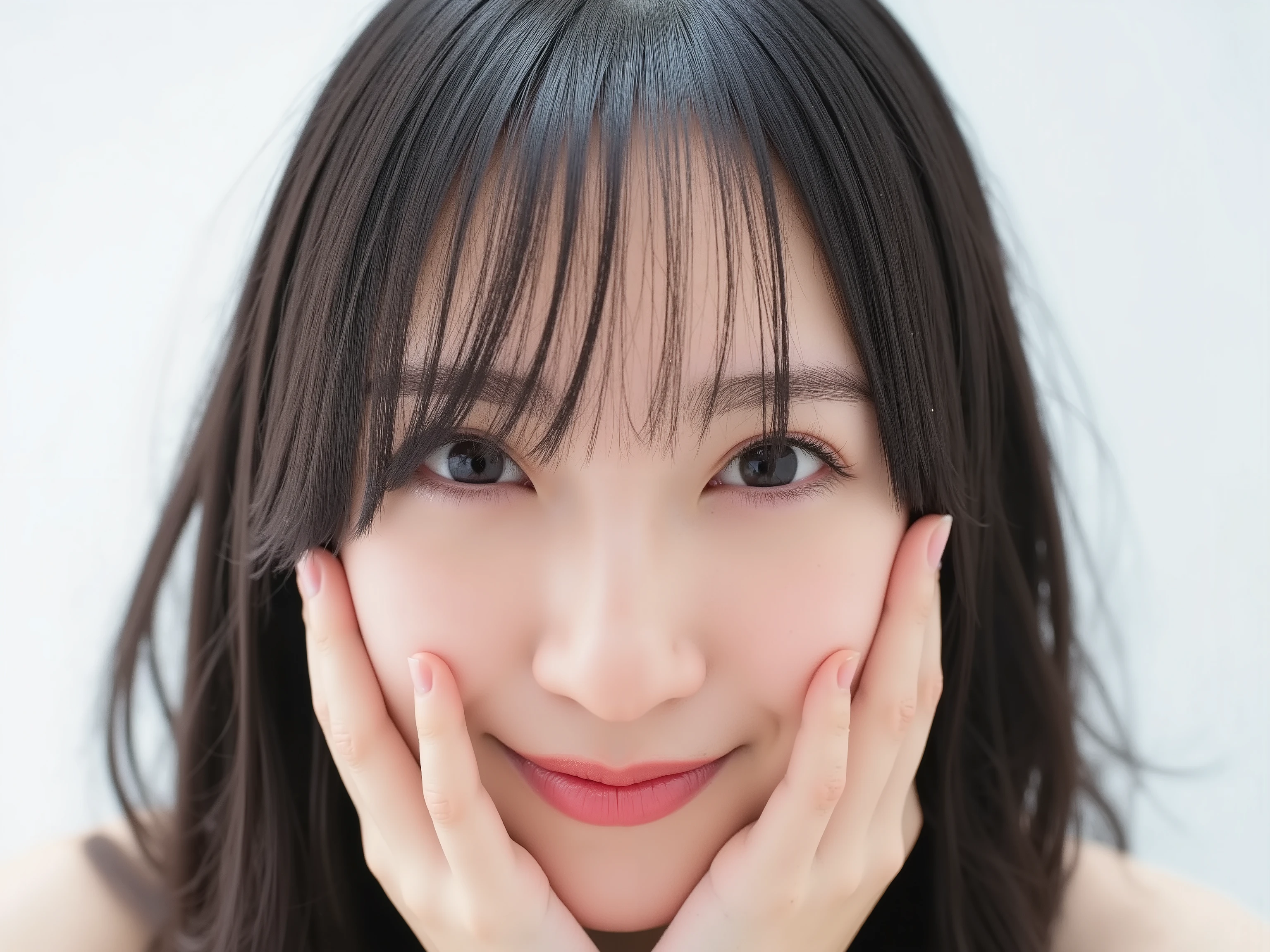 (Refined from an old photo, recreated in a modern, ultra high-quality photorealistic style, with a trendy Reiwa-era hairstyle: soft semi-long hair with natural waves and airy see-through bangs),
Ultra photorealistic close-up portrait of a beautiful Japanese woman,
upper-body shot, wearing a black outfit (completely out of frame, not visible),
shoulders and collarbone softly exposed,
both hands pressing her cheeks in a shy, lovestruck pose,
sparkling eyes gazing dreamily at the viewer with overwhelming affection,
cheeks blushing deeply with a sweet reddish glow,
soft glossy lips curved into a bright, full, lovestruck smile,
expression melting with love, playful, dreamy, adorably bashful,
purely cute and lovestruck, overflowing with affection and warmth,
realistic skin with detailed pores, subtle freckles, natural uneven tones,
tiny imperfections for realism, soft peach fuzz visible,
hair rendered with individual strands, slightly messy flow, natural matte shine,
soft diffused cinematic lighting, natural depth,
background pure white with gentle blur,
(masterpiece, best quality, high resolution, intimate romantic close-up, cinematic magazine cover style)