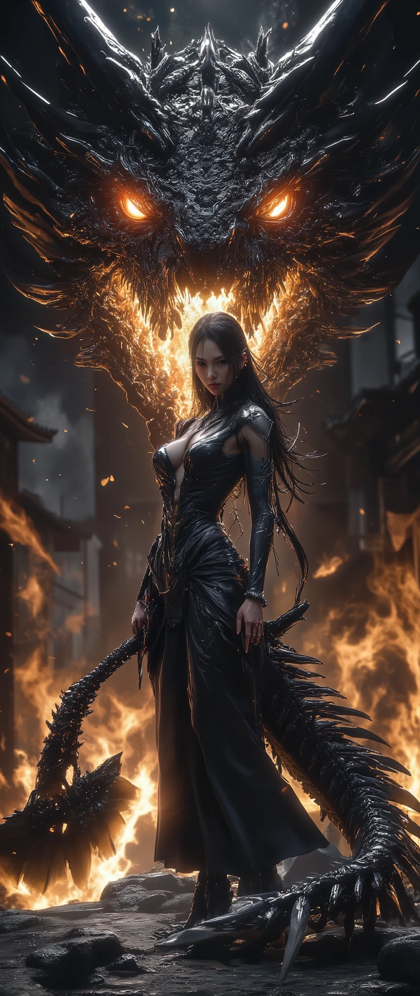 ( 32K High Resolution:1.3, photorealistic, Highest Quality, masterpiece, ultra high res:1.5), ((monochrome, Black and White, mysterious肖像画)), highly detailed skin and face textures, perfect dynamic composition, professional camera work, Ultra High Accuracy, ((big black western dragon:1.3, Flames from the mouth, Violent)), (Old-fashioned:1.3, wonderful:1.2, tradition:1.2, majestic:1.2), shrine maiden costume, has a huge battle axe, cute and sexy slim shrine maiden, Fair skin, (Small Faces:0.7, sexy face:0.5, Clear Expression:0.9, training:1.0), big L cup boobs, Waist 55cm , 92 cm butt, Details on every aspect, Romantic, artistic, mysterious, Object of praise, original, Dramatic, Innovative, charm, Heartful, gorgeous, sense of loss, Special, exciting, Extreme, Accurate representation of hands and feet, Mysterious Symmetry, 背景にViolentな西洋のドラゴン