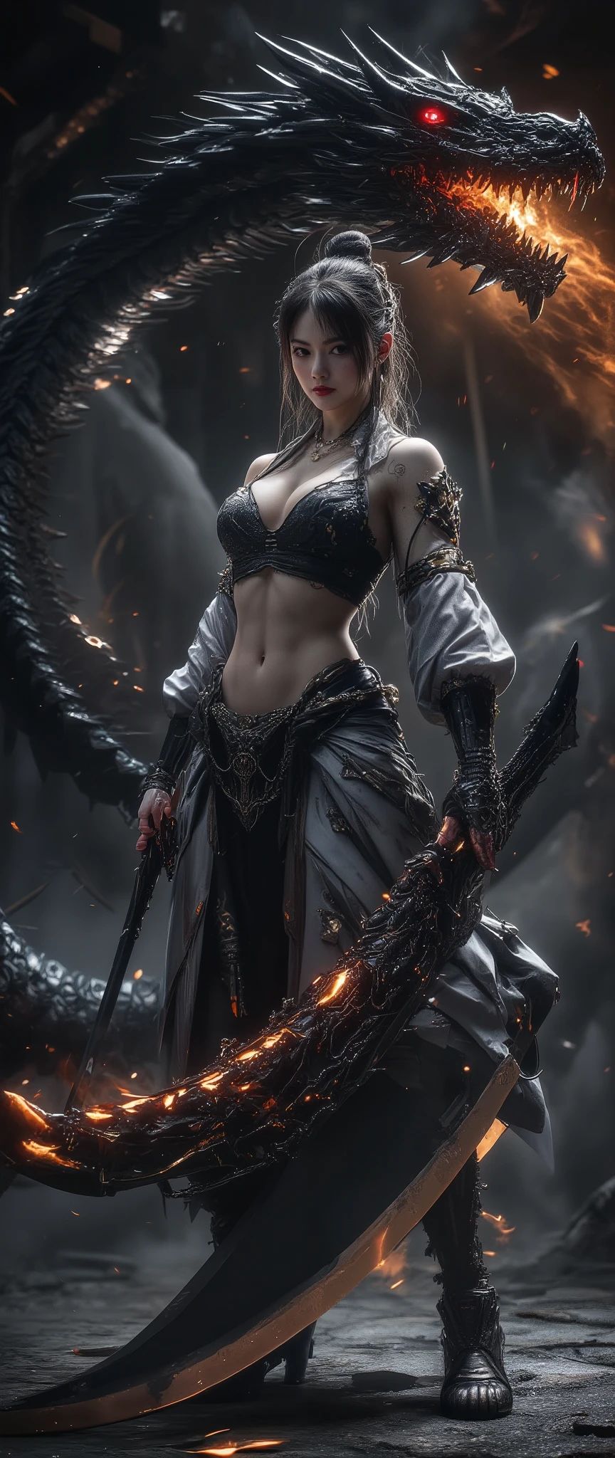 ( 32K High Resolution:1.3, photorealistic, Highest Quality:1.5, masterpiece, ultra high res), ((monochrome, Black and White, mysterious肖像画)), highly detailed skin and face textures, perfect dynamic composition, professional camera work, Ultra High Accuracy, ((big black western dragon:1.3, Flames from the mouth, Violent)), (Old-fashioned:1.3, wonderful:1.2, tradition:1.2, majestic:1.2), shrine maiden costume, has a huge battle axe, cute and sexy slim shrine maiden, Fair skin, (Small Faces:0.7, sexy face:0.5, Clear Expression:0.9, training:1.0), big L cup boobs, Waist 55cm , 92 cm butt, Details on every aspect, Romantic, artistic, mysterious, Object of praise, original, Dramatic, Innovative, charm, Heartful, gorgeous, sense of loss, Special, exciting, Extreme, Accurate representation of hands and feet, Mysterious Symmetry, 背景にViolentな西洋のドラゴン