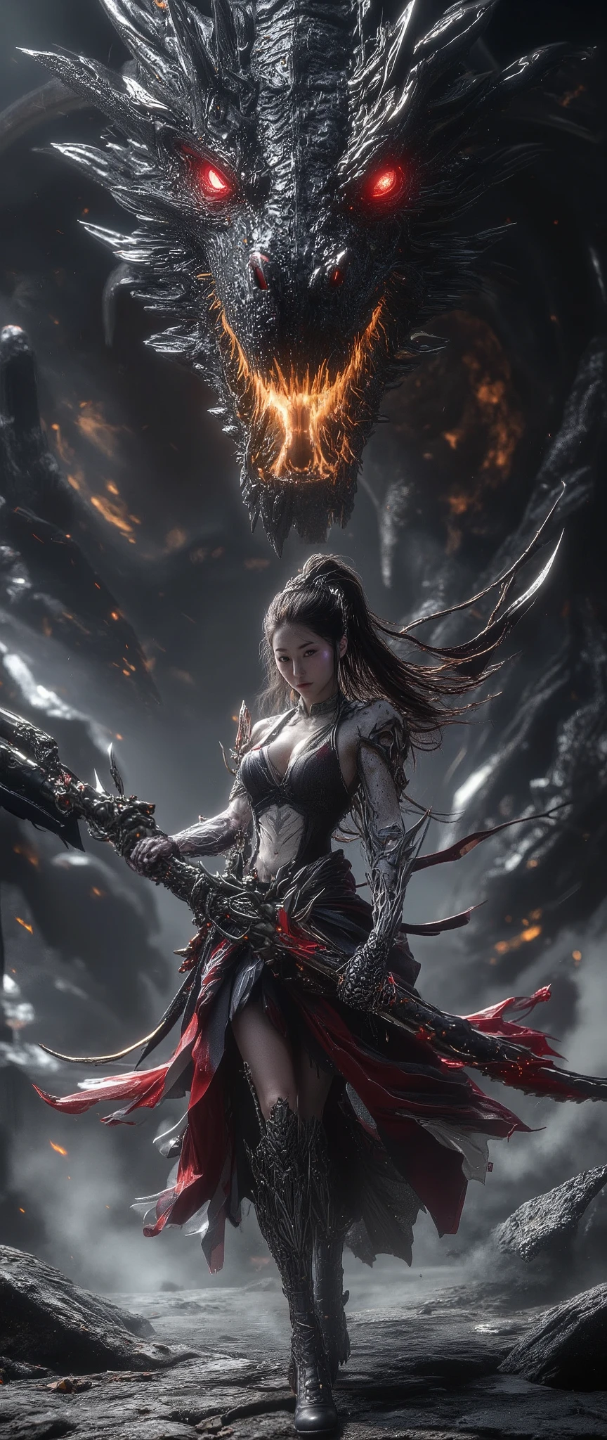 ( 32K High Resolution:1.3, photorealistic, Highest Quality:1.5, masterpiece, ultra high res), ((monochrome, Black and White, mysterious肖像画)), highly detailed skin and face textures, perfect dynamic composition, professional camera work, Ultra High Accuracy, ((big black western dragon:1.3, Flames from the mouth, Violent)), (Old-fashioned:1.3, wonderful:1.2, tradition:1.2, majestic:1.2), shrine maiden costume, has a huge battle axe, cute and sexy slim shrine maiden, Fair skin, (Small Faces:0.7, sexy face:0.5, Clear Expression:0.9, training:1.0), big L cup boobs,  Waist 55cm , 92 cm butt, Details on every aspect, Romantic, artistic, mysterious, Object of praise, original, Dramatic, Innovative, charm, Heartful, gorgeous, sense of loss,  Special, exciting, Extreme, Accurate representation of hands and feet, Mysterious Symmetry, 背景にViolentな西洋のドラゴン