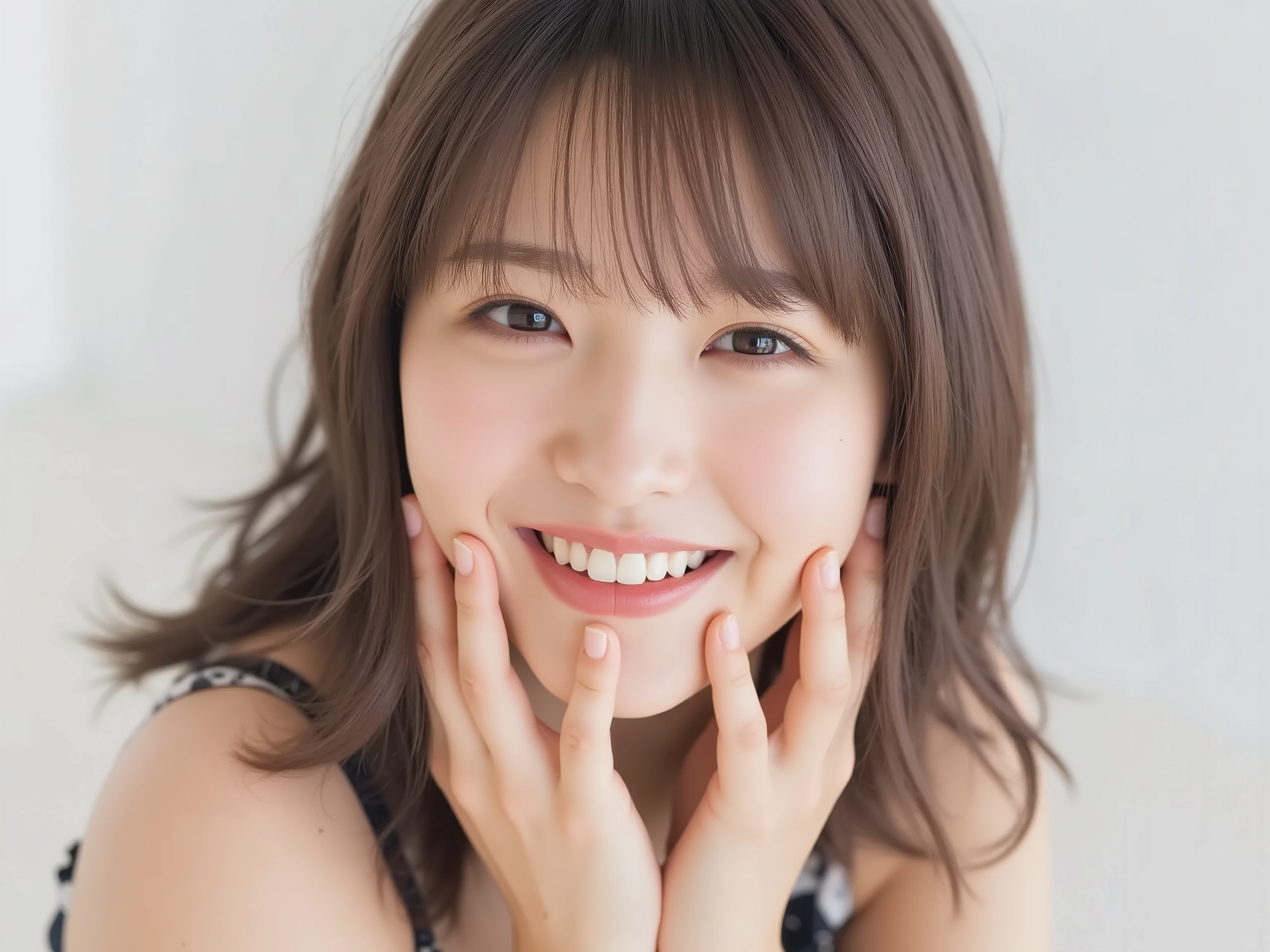 (Refined from an old photo, recreated in a modern, ultra high-quality photorealistic style, with a trendy Reiwa-era hairstyle: soft semi-long hair with natural waves and airy see-through bangs), 
Ultra photorealistic close-up portrait of a beautiful Japanese woman, 
upper-body shot, wearing a black outfit (completely out of frame, not visible), 
shoulders and collarbone softly exposed, 
both hands pressing her cheeks in a shy, lovestruck pose, 
sparkling eyes gazing dreamily at the viewer with overwhelming affection, 
cheeks blushing deeply with a sweet reddish glow, 
soft glossy lips curved into a bright, full, lovestruck smile, 
expression melting with love, playful, dreamy, adorably bashful, 
purely cute and lovestruck, overflowing with affection and warmth, 
realistic skin with detailed pores, subtle freckles, natural uneven tones, 
tiny imperfections for realism, soft peach fuzz visible, 
hair rendered with individual strands, slightly messy flow, natural matte shine, 
soft diffused cinematic lighting, natural depth, 
background pure white with gentle blur, 
(masterpiece, best quality, high resolution, intimate romantic close-up, cinematic magazine cover style)