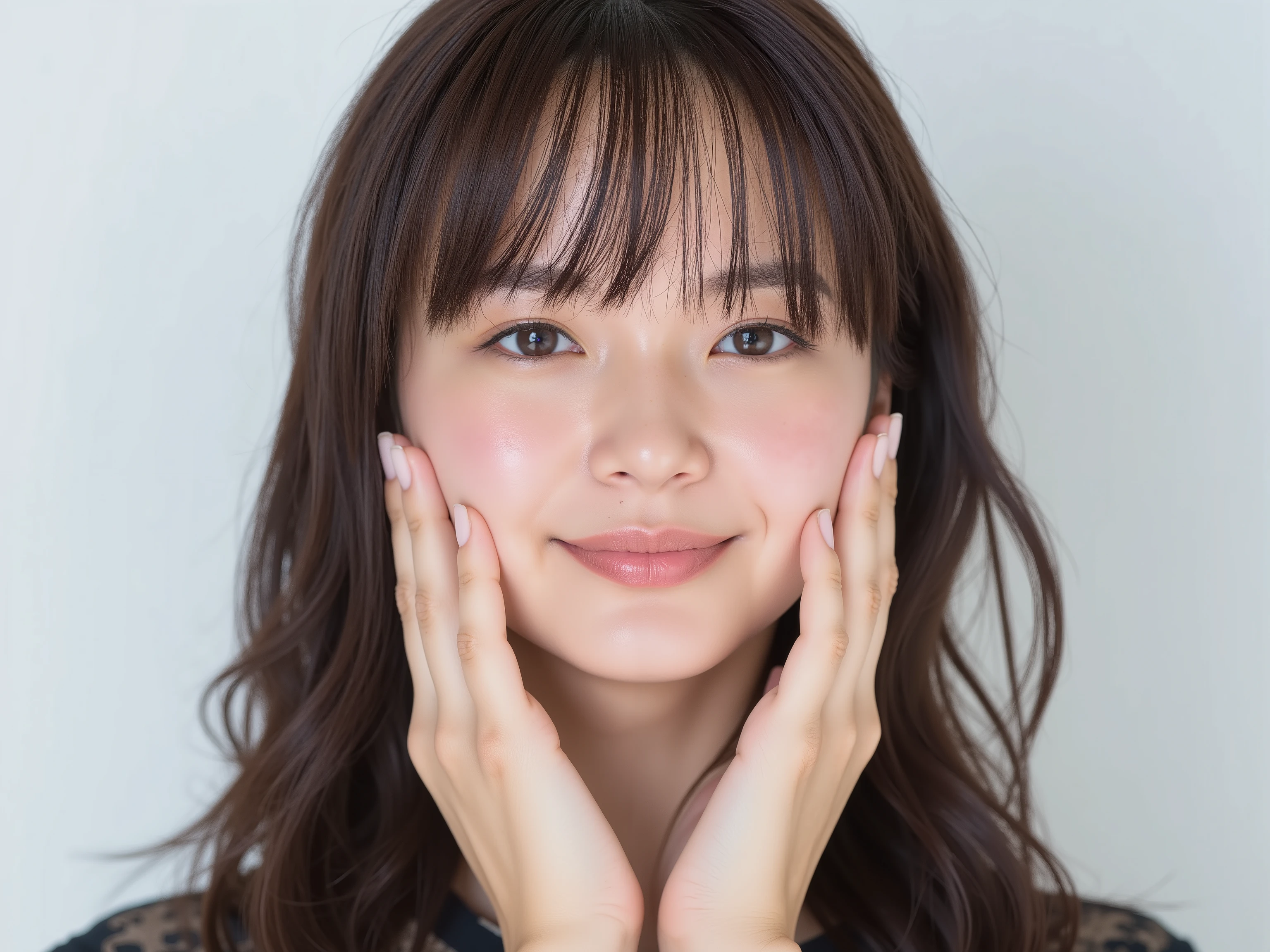 (Refined from an old photo, recreated in a modern, ultra high-quality photorealistic style, with a trendy Reiwa-era hairstyle: soft semi-long hair with natural waves and airy see-through bangs),
Ultra photorealistic close-up portrait of a beautiful Japanese woman,
upper-body shot, wearing a black outfit (completely out of frame, not visible),
shoulders and collarbone softly exposed,
both hands pressing her cheeks in a shy, lovestruck pose,
sparkling eyes gazing dreamily at the viewer with overwhelming affection,
cheeks blushing deeply with a sweet reddish glow,
soft glossy lips curved into a bright, full, lovestruck smile,
expression melting with love, playful, dreamy, adorably bashful,
purely cute and lovestruck, overflowing with affection and warmth,
realistic skin with detailed pores, subtle freckles, natural uneven tones,
tiny imperfections for realism, soft peach fuzz visible,
hair rendered with individual strands, slightly messy flow, natural matte shine,
soft diffused cinematic lighting, natural depth,
background pure white with gentle blur,
(masterpiece, best quality, high resolution, intimate romantic close-up, cinematic magazine cover style)