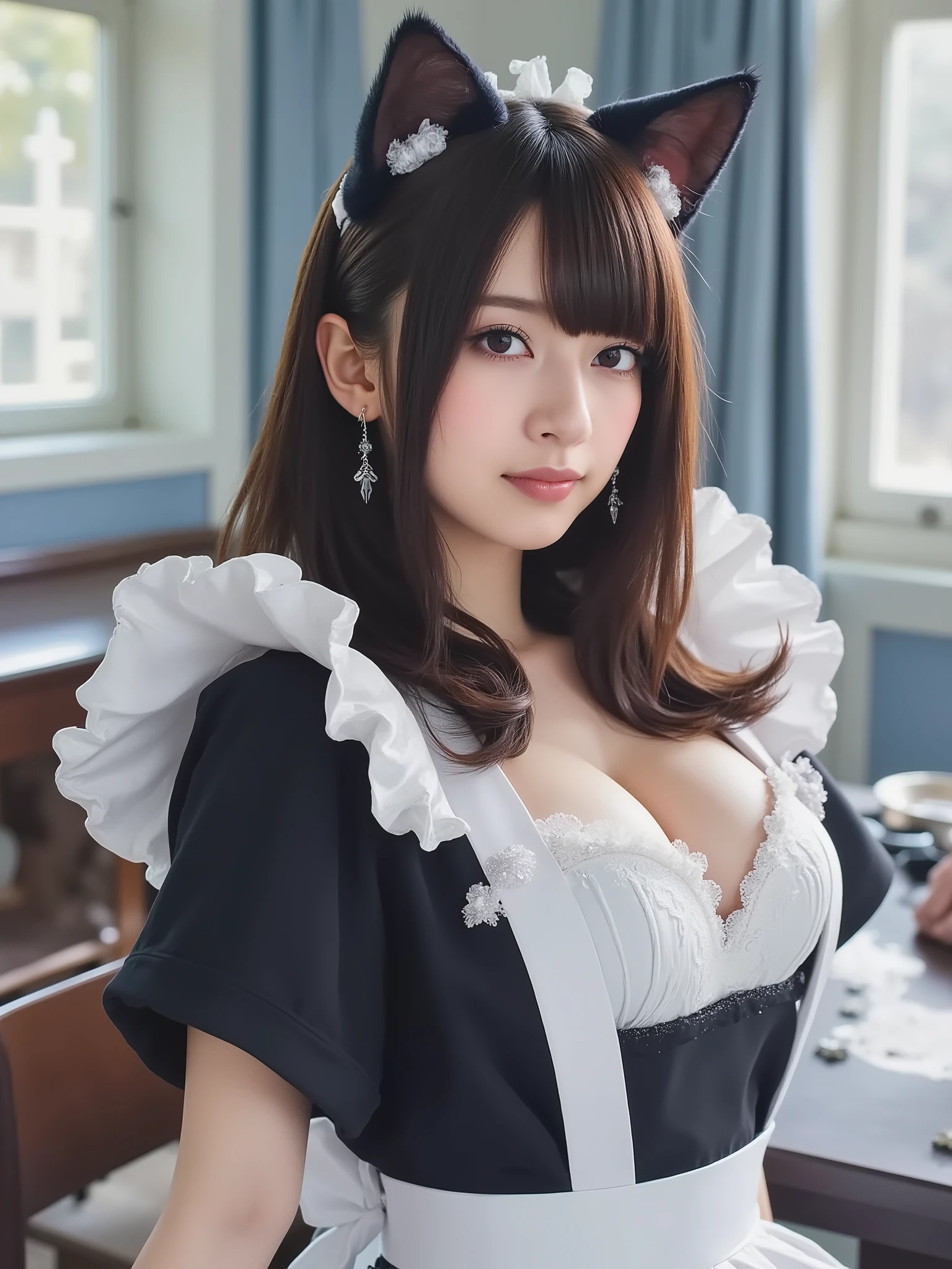 Maid Dress, Cat's Ear, Black Long Hair, score_9, score_8_Up, score_7_Up, masterpiece,Best Quality, Extra Large Breasts, Full Body, skirt, Slender figure, open chest, big cleavage