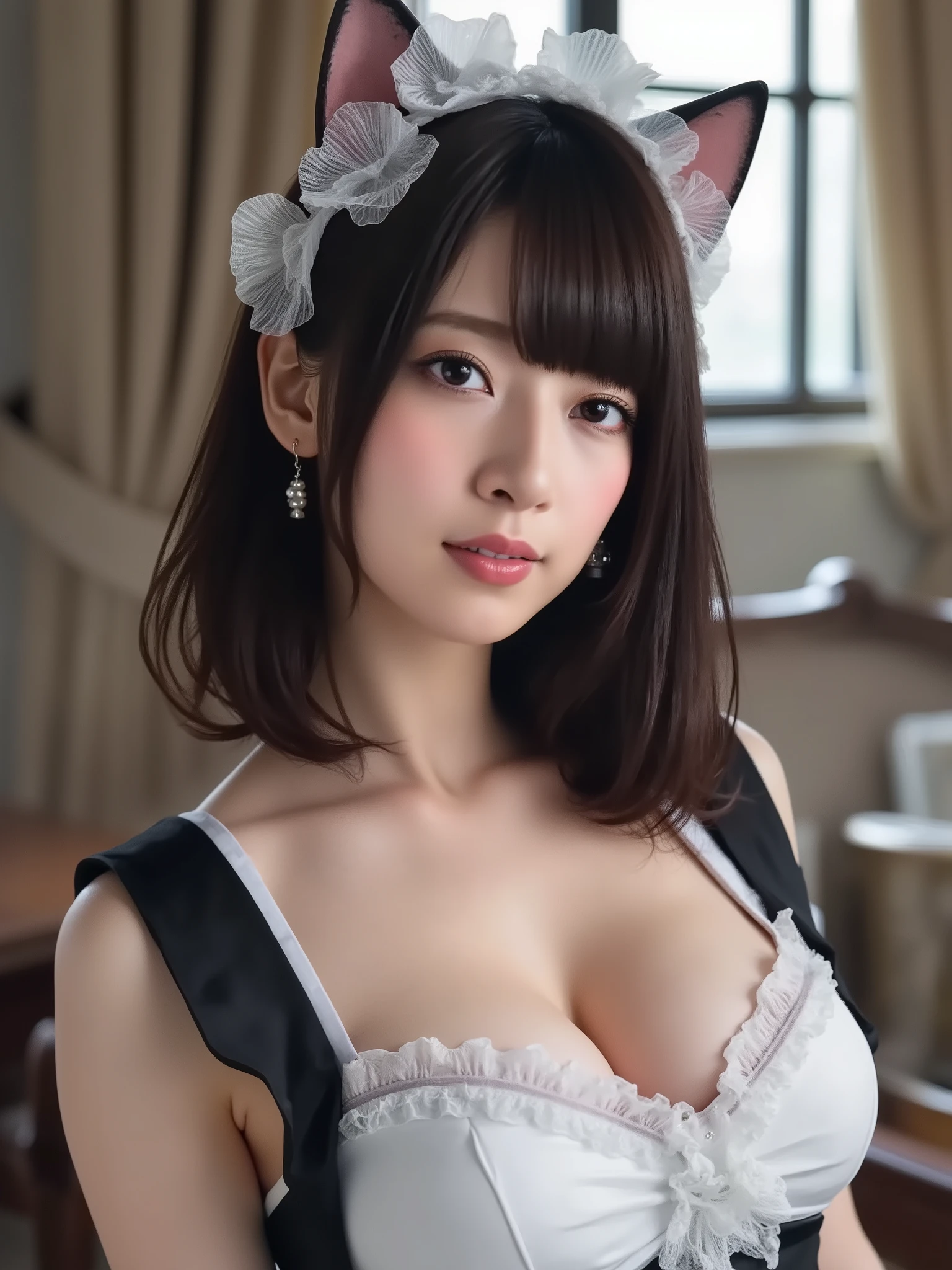Maid Dress, Cat's Ear, Black Long Hair, score_9, score_8_Up, score_7_Up, masterpiece,Best Quality, Extra Large Breasts, Full Body, skirt, Slender figure, open chest, big cleavage