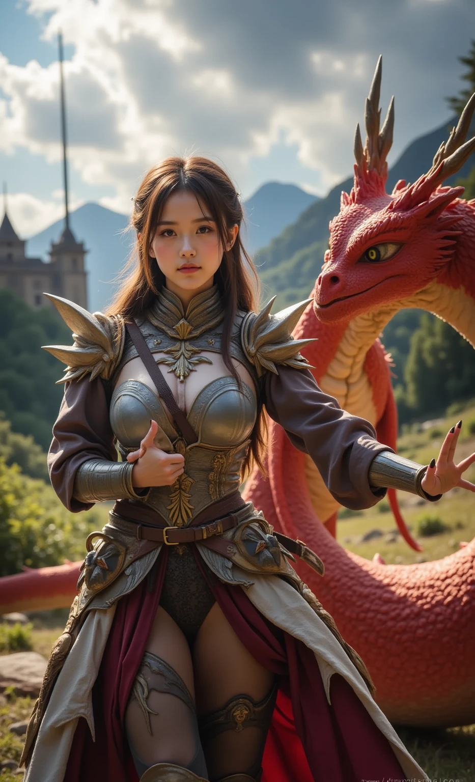 A girl riding on a dragon's back crosses the sea
