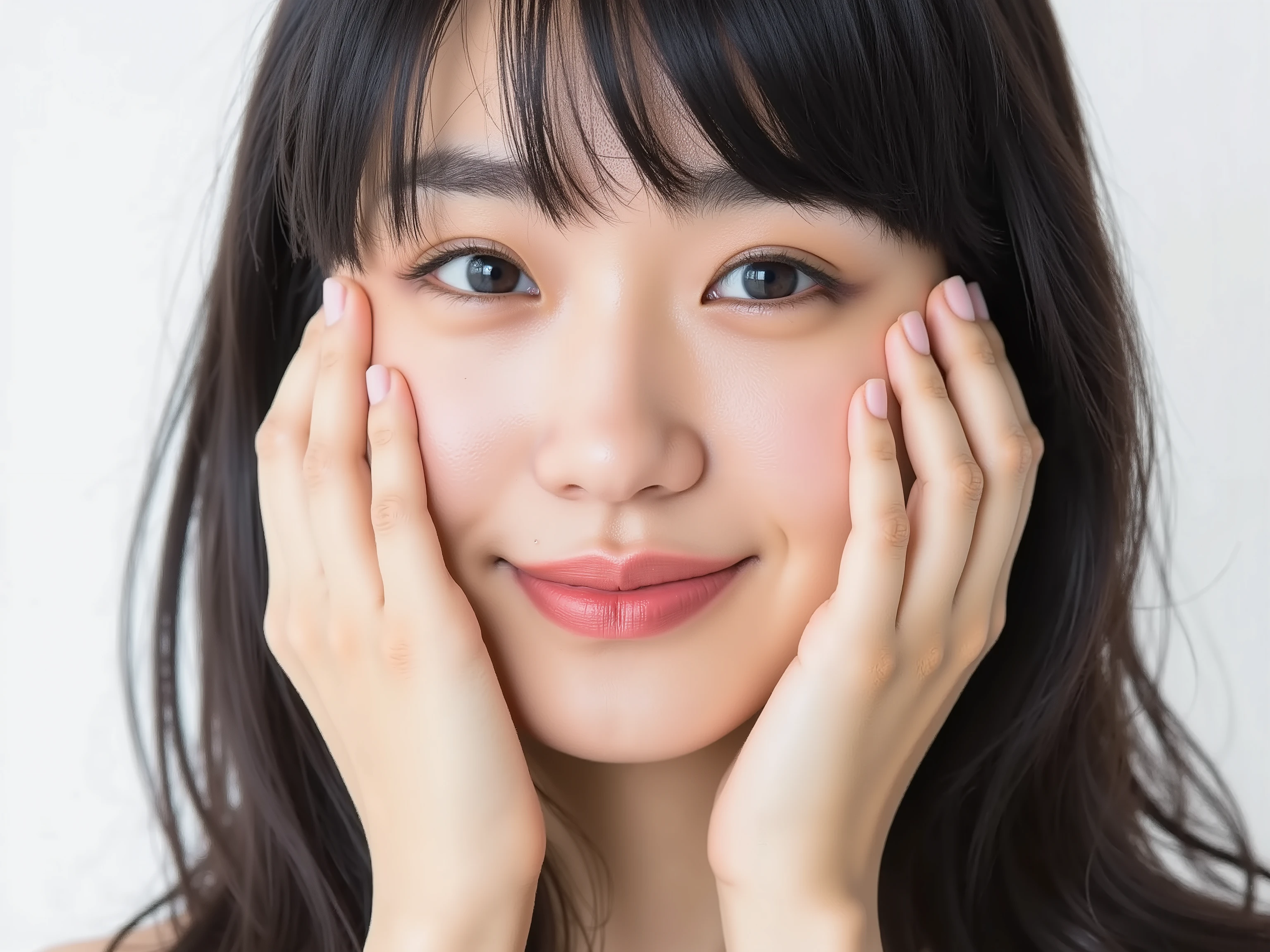 (Refined from an old photo, recreated in a modern, ultra high-quality photorealistic style, with a trendy Reiwa-era hairstyle: soft semi-long hair with natural waves and airy see-through bangs), 
Ultra photorealistic close-up portrait of a beautiful Japanese woman, 
upper-body shot, wearing a black outfit (completely out of frame, not visible), 
shoulders and collarbone softly exposed, 
both hands pressing her cheeks in a shy, lovestruck pose, 
sparkling eyes gazing dreamily at the viewer with overwhelming affection, 
cheeks blushing deeply with a sweet reddish glow, 
soft glossy lips curved into a bright, full, lovestruck smile, 
expression melting with love, playful, dreamy, adorably bashful, 
purely cute and lovestruck, overflowing with affection and warmth, 
realistic skin with detailed pores, subtle freckles, natural uneven tones, 
tiny imperfections for realism, soft peach fuzz visible, 
hair rendered with individual strands, slightly messy flow, natural matte shine, 
soft diffused cinematic lighting, natural depth, 
background pure white with gentle blur, 
(masterpiece, best quality, high resolution, intimate romantic close-up, cinematic magazine cover style)