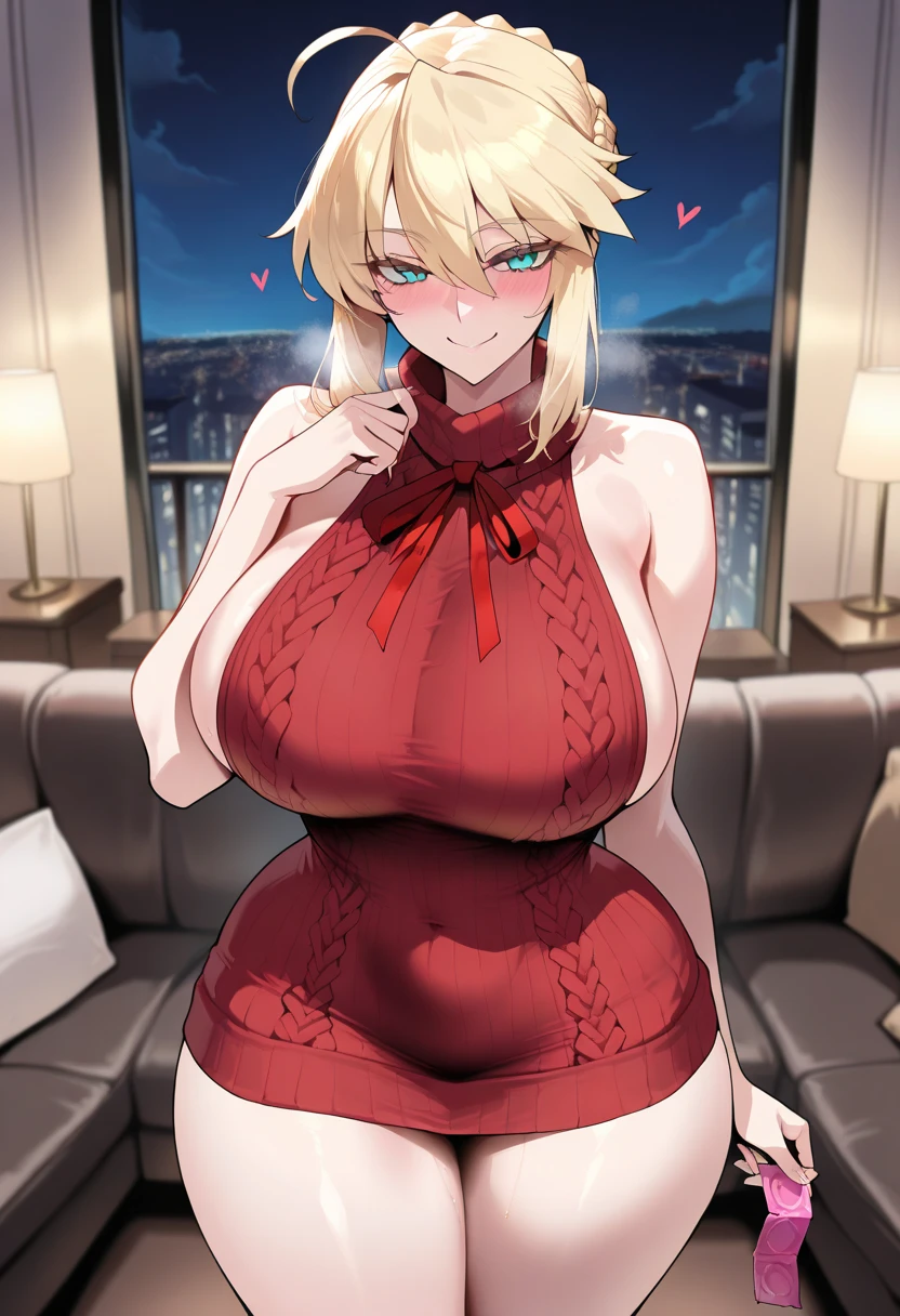 One girl, Mature Woman, Mature Woman, Sitting on the couch, plump, Voluptuous body, ????????????, ????????????, Saggy ???????, Saggy ???????, Wide ????, Thick thighs, Thick thighs, Red knitted sweater, Off-the-shoulder sweater, Cleavage, Tight sweater, Black thigh-high socks, smile, Short blonde, Red eyes, at night, lamp, 8K, masterpiece、milf、Fox Ears
