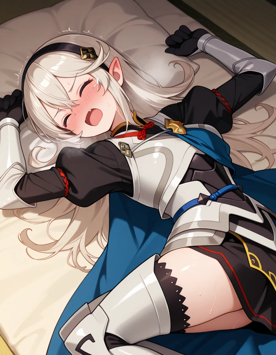 masterpiece, best quality,very aesthetic,absurdres
1girl,corrin fire emblem, black hairband, armored dress, blue cape, puffy sleeves, juliet sleeves, vambraces, black gloves, armored legwear, barefoot
simple background
 <lora:noduillus2:1> 3d