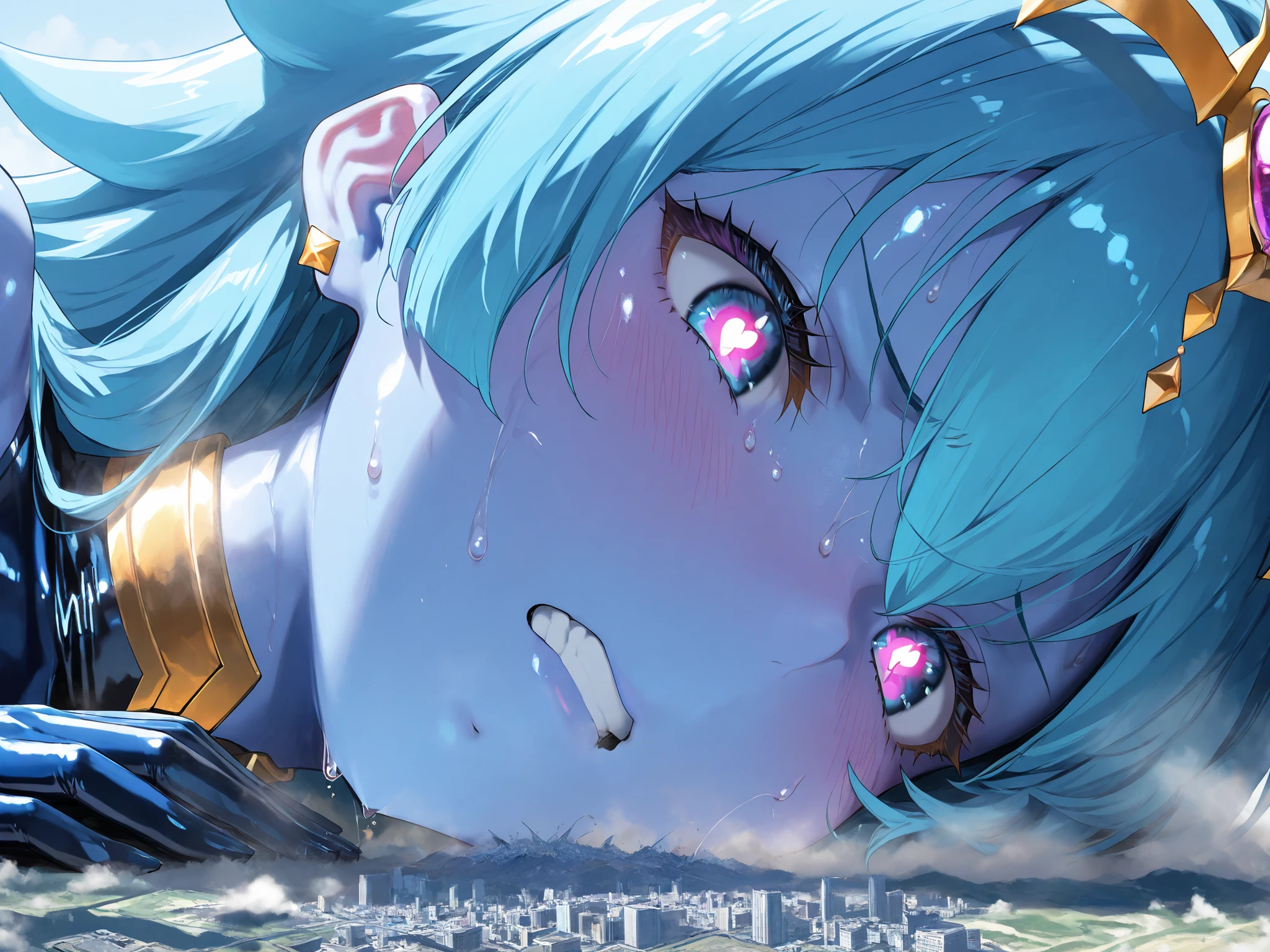 (masterpiece , Highest quality , Ultra-high resolution) , 1girl , spirit king wave , gold ear piercing , (blue skin) , latex skin , glossy skin, glossy hair, white tattoo , (Sweat) , (steamy), glossy skin , shiny skin , glistening skin, Macro, Giantess, Landscape, Aerial Perspective, close up, , R-18, cool backlight, lying down, , focus on face , Gritting her teeth, frustrated, tiny city, destroyed city,