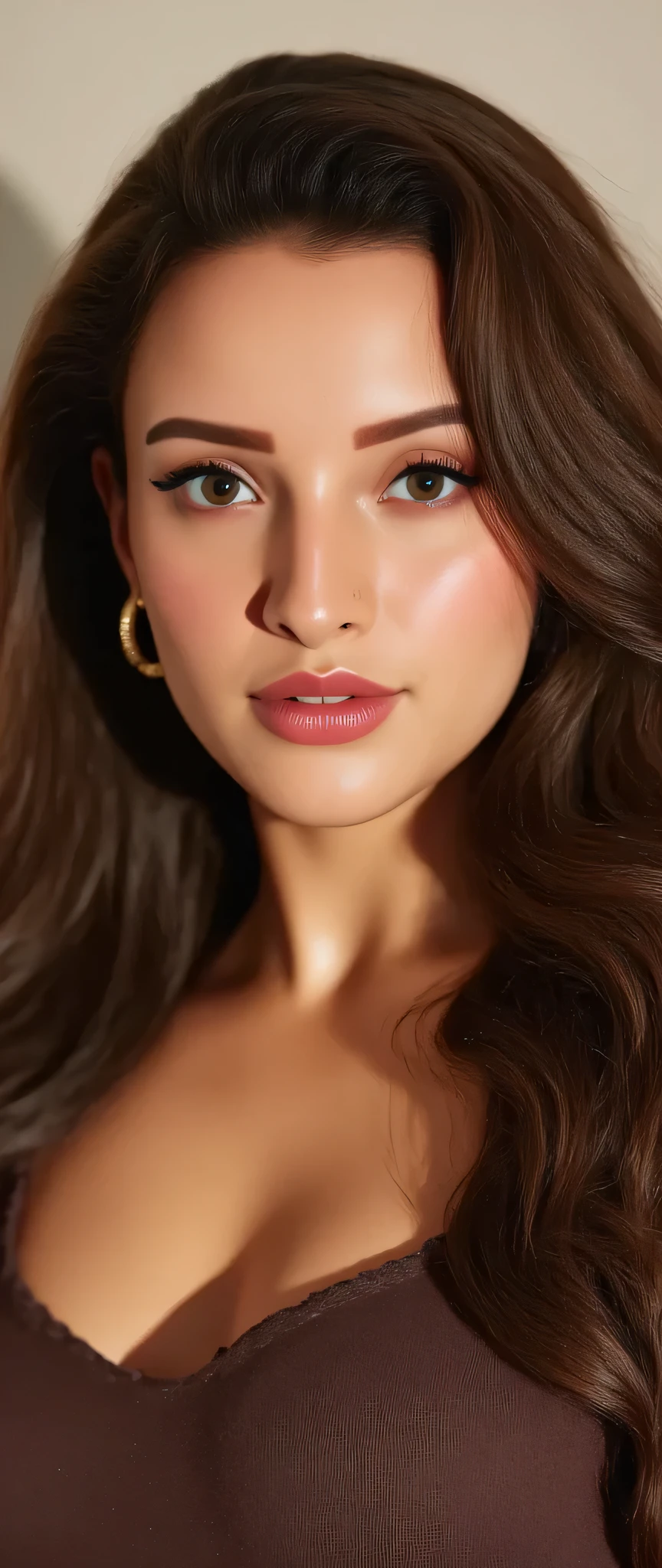 incredibly absurd long sexy brown hair style ,ultra-detailed, CG, unit, wallpaper 8k), (masterpiece), (realistic), (photorealistic: 1.2), (raw photo: 1.2), (best quality: 1.2), (detailed face: 1.4), (beautiful detailed eyes: 1.2), (detailed hair), light on face, huge file size, cinematic lighting, 1 girl, sexy, nsfw, eyeliner, kawaii, student, long hair, brown hair, ((wavy hair)), hair ornament, ((light blush)), ((soft under the eyes)), ((expressionless eyes)), blue eyes, ((large breasts)), fashi-g, red lips, makeup, shirt lift, ((brown deep neck sweater), black knees, high heels, jewelry, earrings, necklace, looking at the viewer, depth of field, big breast deep cleavage, beautiful face,mascara , front view , sexy long hair style, erotic looks , tight breast curves