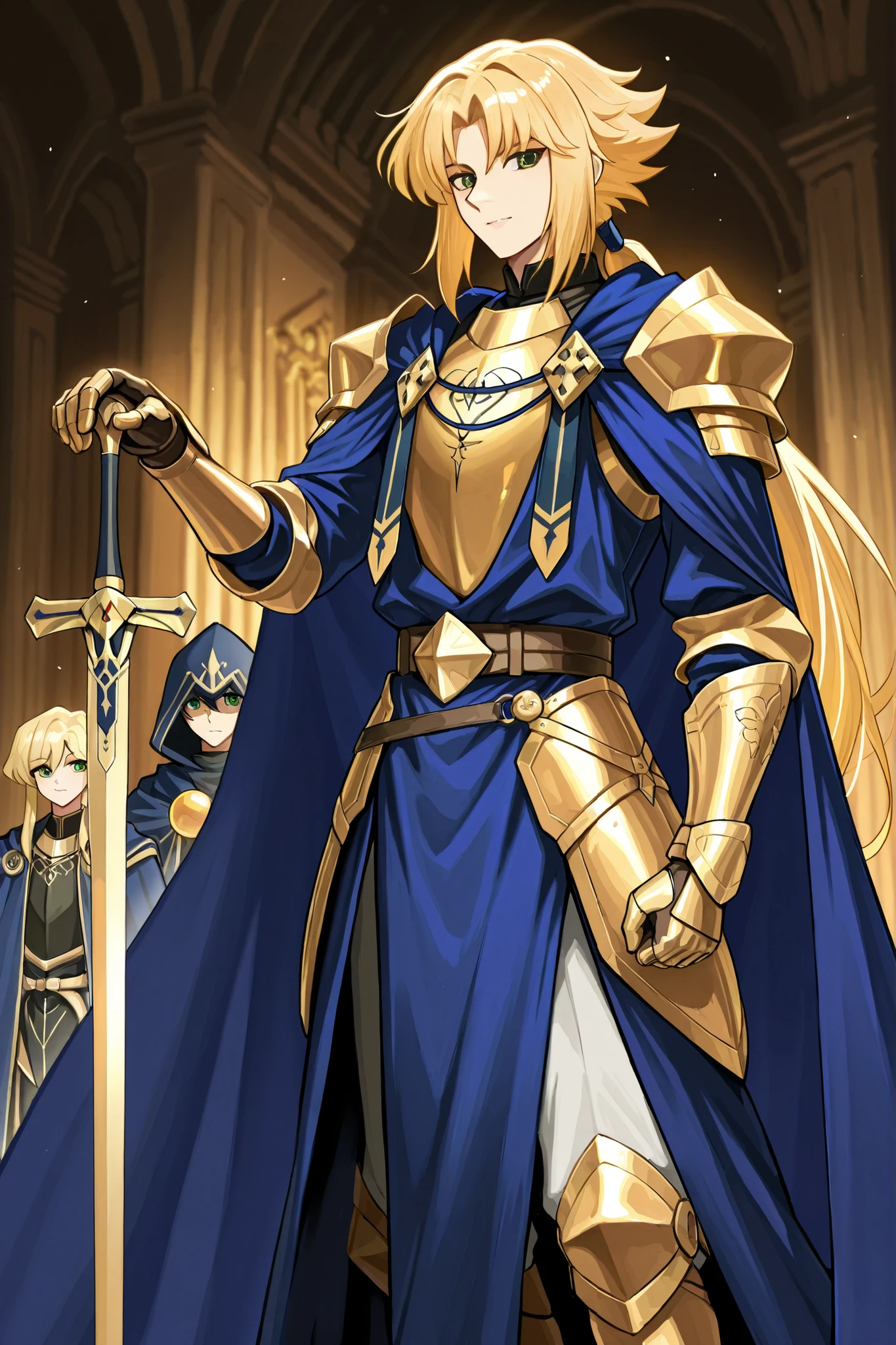 jadenyuki,Man, elegant, with luxurious clothes, appearance of an honorable knight with flowing blond hair, medium length and tied in a long ponytail, with golden ornaments on his clothes where beneath the blue cloak is a gleaming armor, green eyes