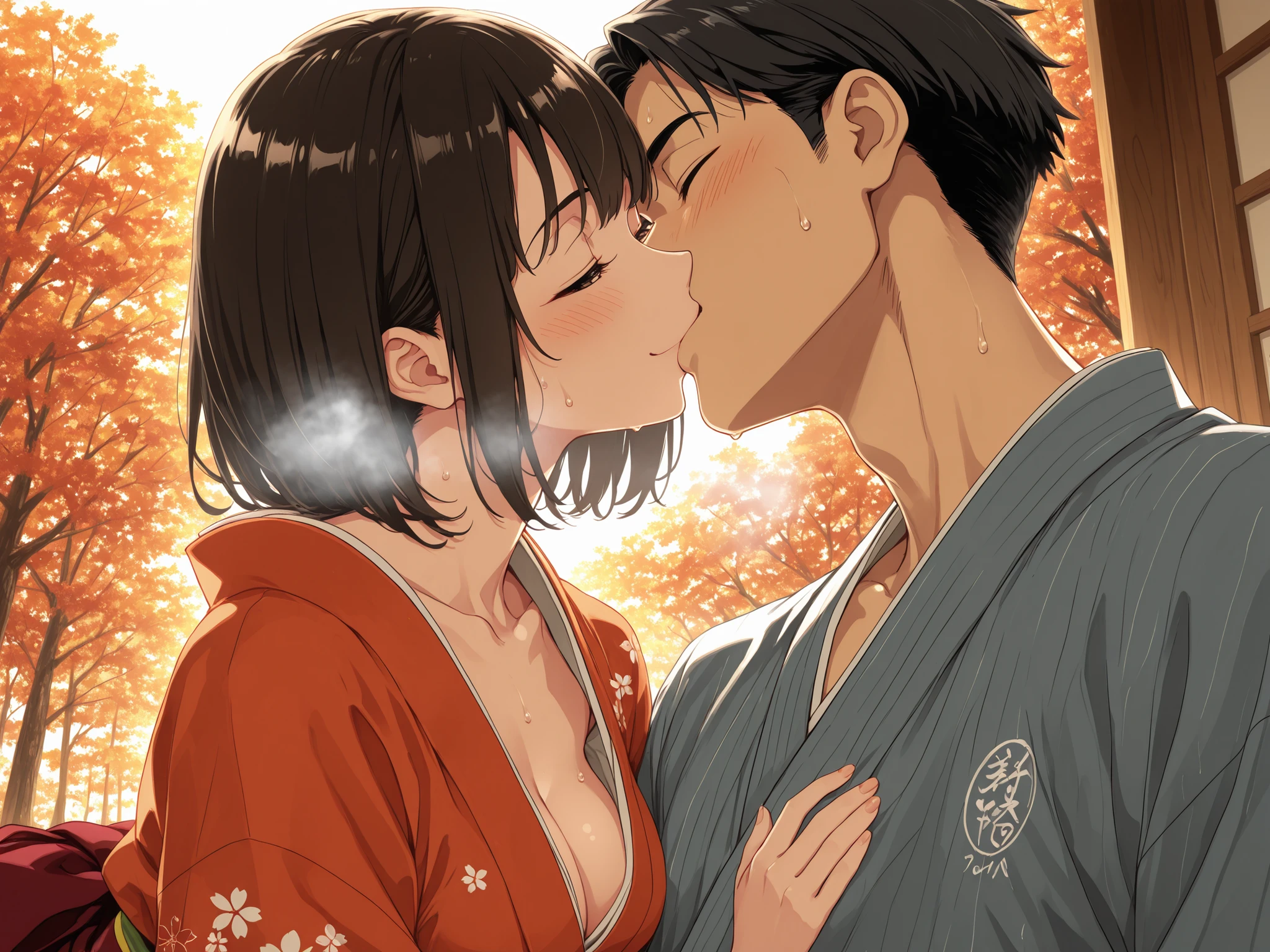 Woman in Japanese Kimono,和服, kimono,黒髪ロング,early 40s woman,early 30s man ,神社の境内 ,秋の紅葉, ultra-aesthetic, anime style, smile,{best quality}, {very aesthetic}, {ultra-detailed}, {best illustration},nsfw,秋,{{紅葉}},こちらを向く,胸をはだけずきちんと着物を着る, girl, being invited, autumn, tranquil,1 male,1 female,sweat, steam,male perspective,kiss,sex,steam,日本家屋の中