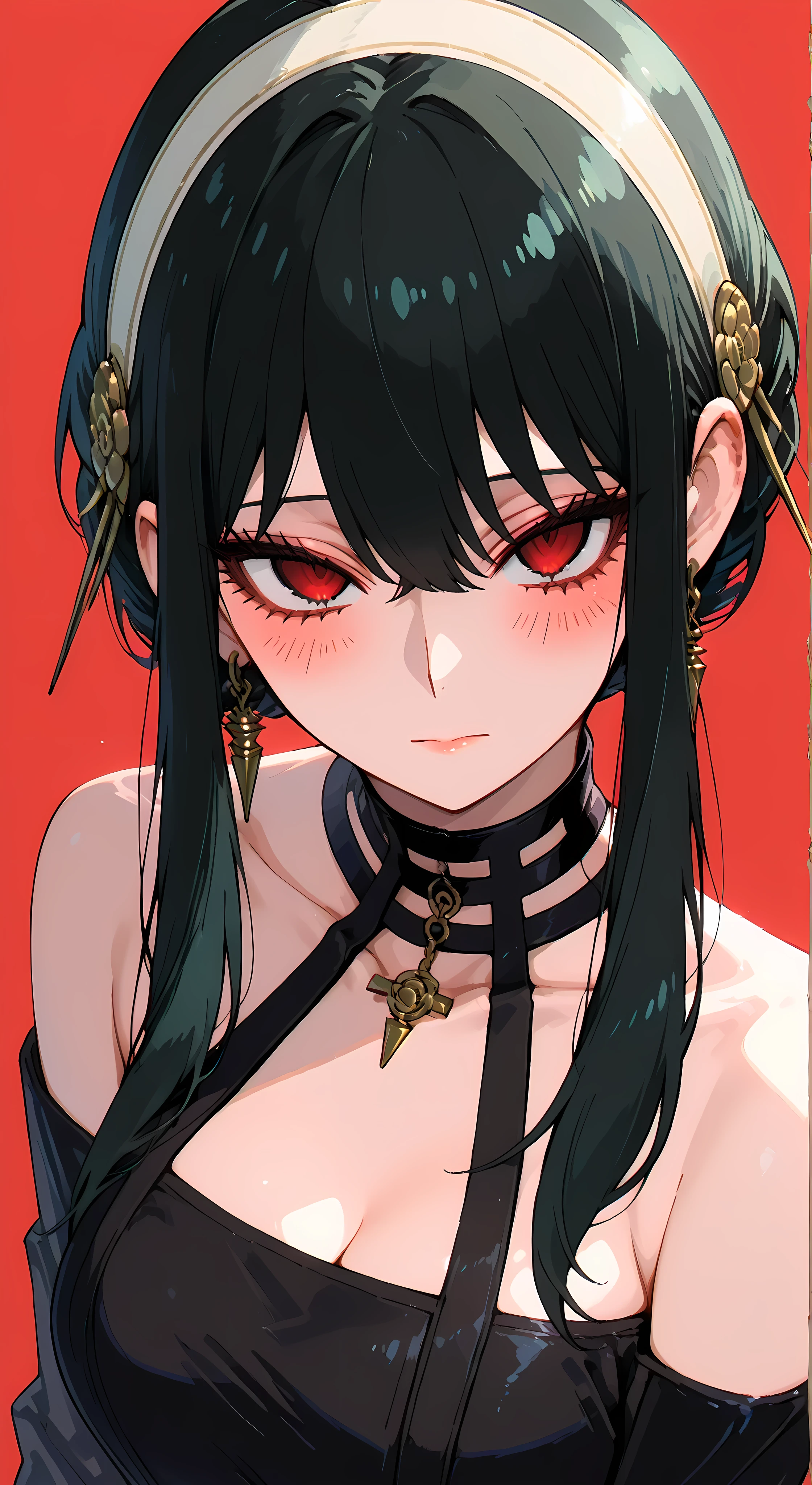 (Masterpiece, absolute quality, classic 2D anime art), (crisp cel shading, clean, defined lines), faithful character designer (Yor Briar (SPY x FAMILY)). Her hair is tied back with a headband, divided into two sections, which cross her head. She wears a pair of dangling earrings.

((Soft red background, no textures, details, or gradients: 1.5)), dramatic lighting, coming from above, which casts sharp shadows under her eyes and chin, extreme close-up focusing only on her face, frontal pose, with her head slightly tilted, looking directly at the camera, cold and calculating expression: lips set in a thin line, red eyes shining with icy intensity. She wears a tight black dress that reveals her shoulders and , with a choker with square holes.