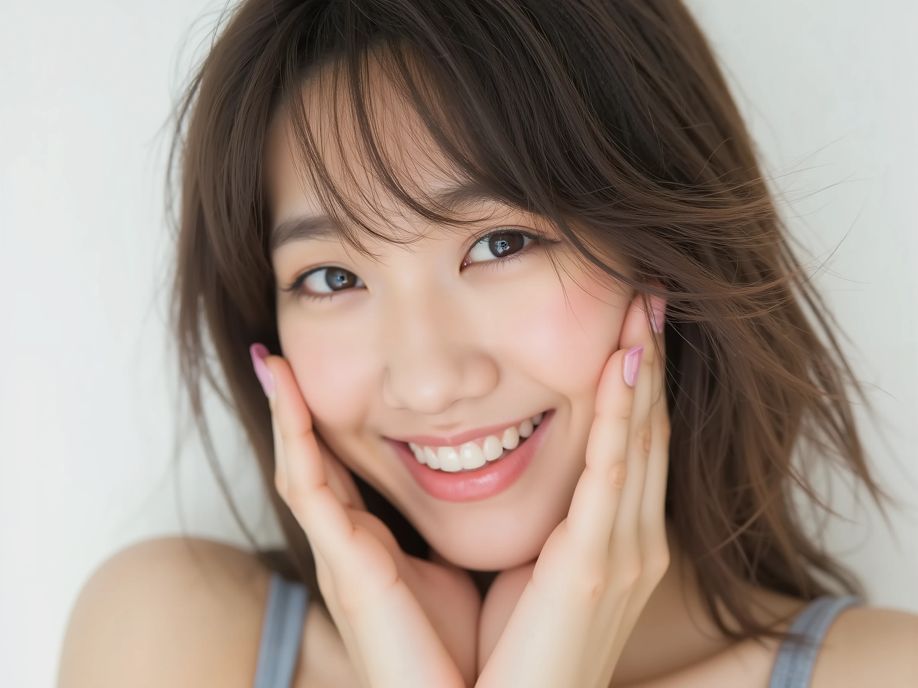 (Refined from an old photo, recreated in a modern, ultra high-quality photorealistic style, with a trendy Reiwa-era hairstyle: soft semi-long hair with natural waves and airy see-through bangs),
Ultra photorealistic close-up portrait of a beautiful Japanese woman,
upper-body shot, wearing a black outfit (completely out of frame, not visible),
shoulders and collarbone softly exposed,
both hands pressing her cheeks in a shy, lovestruck pose,
sparkling eyes gazing dreamily at the viewer with overwhelming affection,
cheeks blushing deeply with a sweet reddish glow,
soft glossy lips curved into a bright, full, lovestruck smile,
expression melting with love, playful, dreamy, adorably bashful,
purely cute and lovestruck, overflowing with affection and warmth,
realistic skin with detailed pores, subtle freckles, natural uneven tones,
tiny imperfections for realism, soft peach fuzz visible,
hair rendered with individual strands, slightly messy flow, natural matte shine,
soft diffused cinematic lighting, natural depth,
background pure white with gentle blur,
(masterpiece, best quality, high resolution, intimate romantic close-up, cinematic magazine cover style)