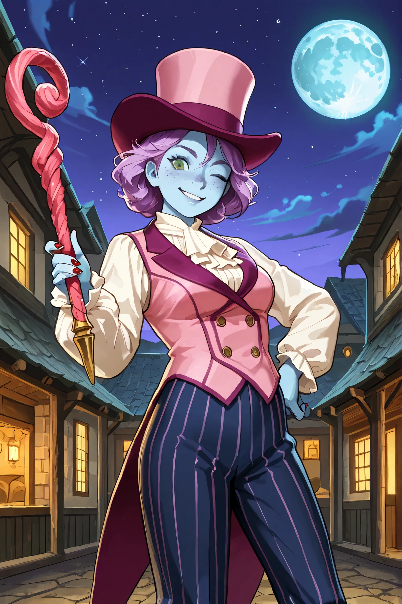 triton, solo, female, blue skin, lavender colored hair, freckles, breasts, (wearing a large pink silk top hat), green eyes, (wearing a pink vest), [[a ruffled colonial white shirt underneath the pink vest]], red colonial era cravat,  top hat fit snuggly, ((wearing violet colonial era pinstripe pants)), magicians attire, red painted fingernails, beautiful body, dazzling, graceful, smiling, flirting, holding a wooden magician's wand in her right hand, ((performing in a village square near the coast)), night scene,  colonial style buildings, full moon in sky, [[caviler era clothing, pirate era clothing]], dungeons and dragons, fantasy art, up, winking to viewer