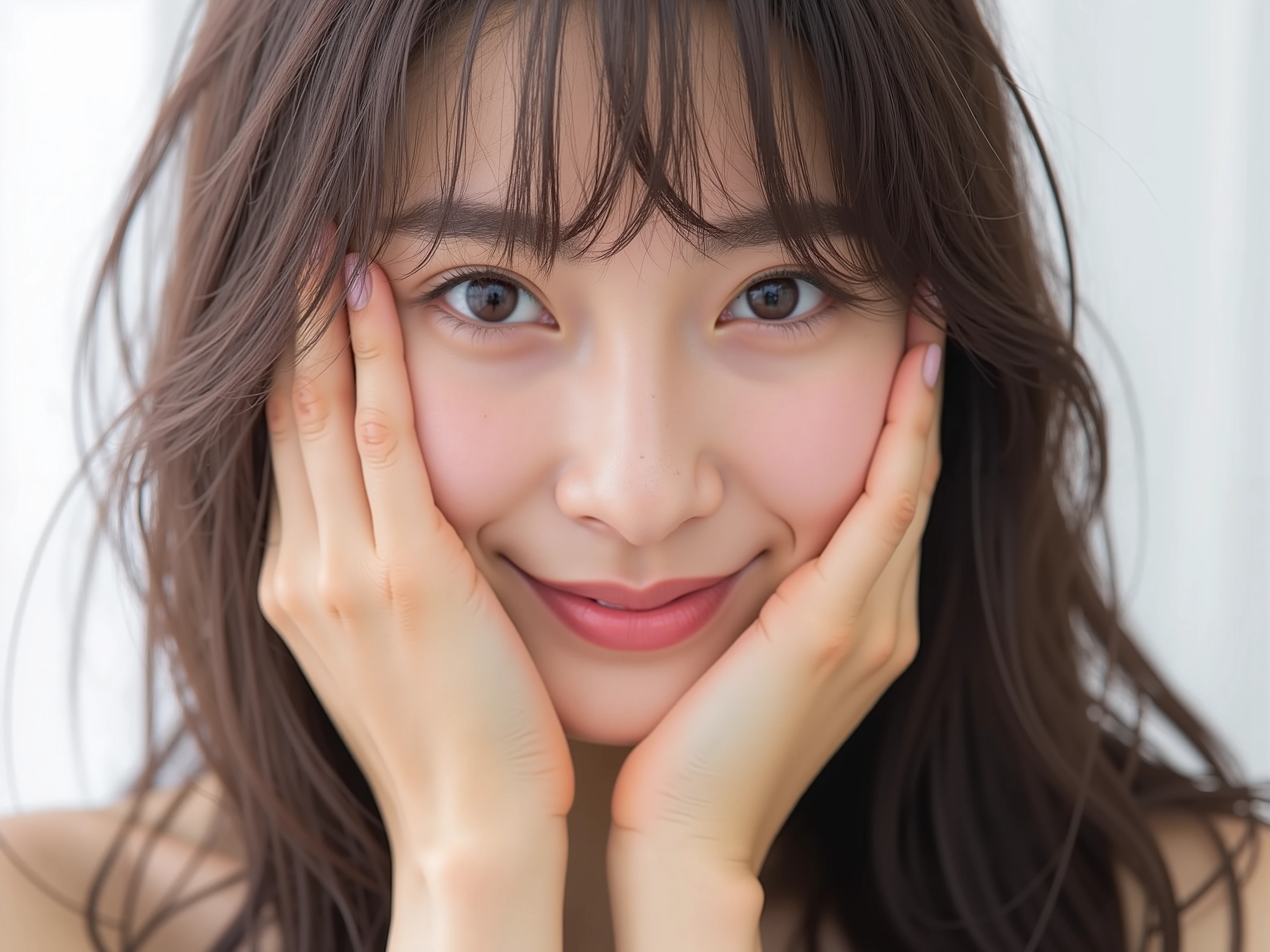 (Refined from an old photo, recreated in a modern, ultra high-quality photorealistic style, with a trendy Reiwa-era hairstyle: soft semi-long hair with natural waves and airy see-through bangs), 
Ultra photorealistic close-up portrait of a beautiful Japanese woman, 
upper-body shot, wearing a black outfit (completely out of frame, not visible), 
shoulders and collarbone softly exposed, 
both hands pressing her cheeks in a shy, lovestruck pose, 
sparkling eyes gazing dreamily at the viewer with overwhelming affection, 
cheeks blushing deeply with a sweet reddish glow, 
soft glossy lips curved into a bright, full, lovestruck smile, 
expression melting with love, playful, dreamy, adorably bashful, 
purely cute and lovestruck, overflowing with affection and warmth, 
realistic skin with detailed pores, subtle freckles, natural uneven tones, 
tiny imperfections for realism, soft peach fuzz visible, 
hair rendered with individual strands, slightly messy flow, natural matte shine, 
soft diffused cinematic lighting, natural depth, 
background pure white with gentle blur, 
(masterpiece, best quality, high resolution, intimate romantic close-up, cinematic magazine cover style)