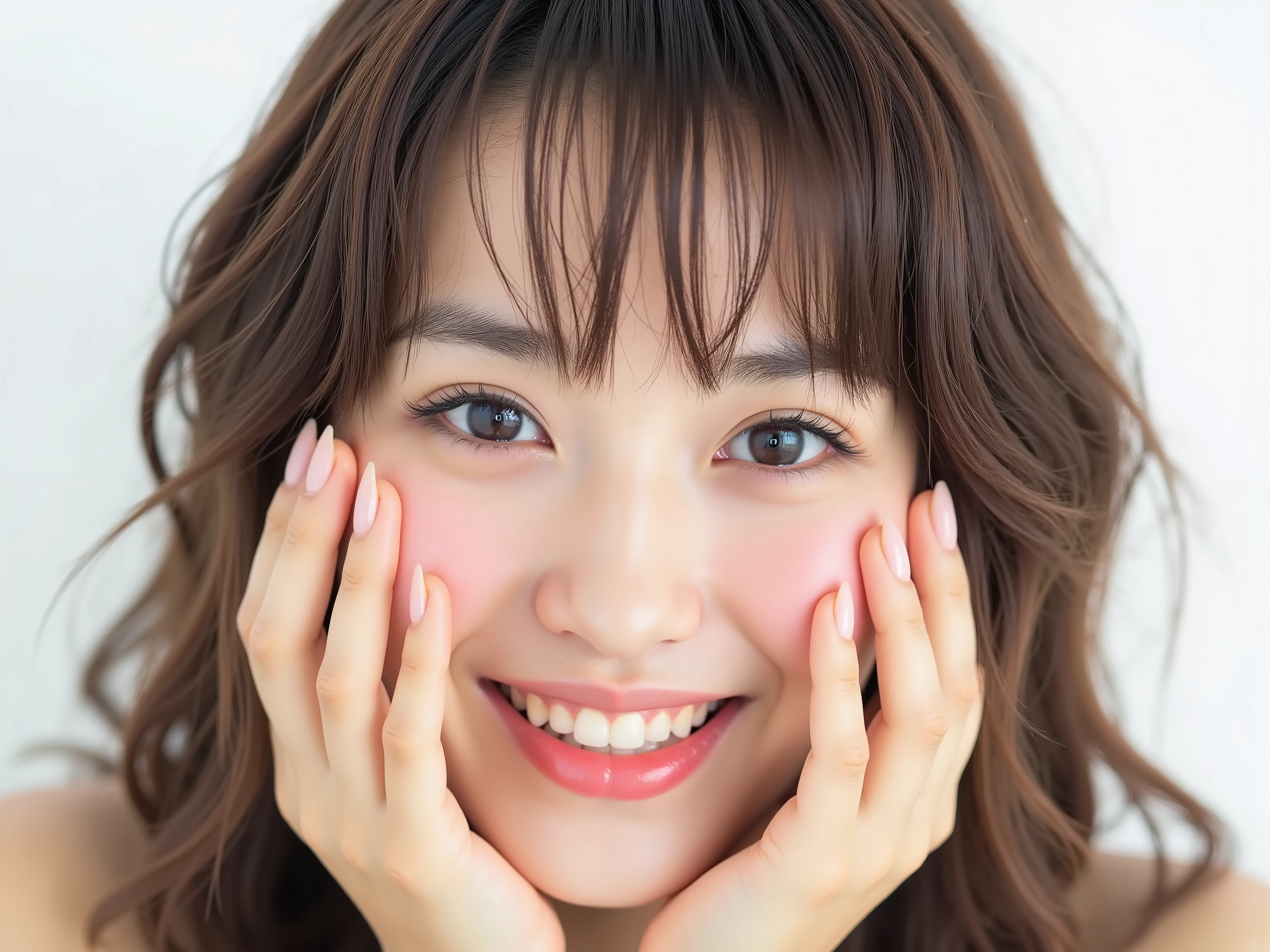 (Refined from an old photo, recreated in a modern, ultra high-quality photorealistic style, with a trendy Reiwa-era hairstyle: soft semi-long hair with natural waves and airy see-through bangs),
Ultra photorealistic close-up portrait of a beautiful Japanese woman,
upper-body shot, wearing a black outfit (completely out of frame, not visible),
shoulders and collarbone softly exposed,
both hands pressing her cheeks in a shy, lovestruck pose,
sparkling eyes gazing dreamily at the viewer with overwhelming affection,
cheeks blushing deeply with a sweet reddish glow,
soft glossy lips curved into a bright, full, lovestruck smile,
expression melting with love, playful, dreamy, adorably bashful,
purely cute and lovestruck, overflowing with affection and warmth,
realistic skin with detailed pores, subtle freckles, natural uneven tones,
tiny imperfections for realism, soft peach fuzz visible,
hair rendered with individual strands, slightly messy flow, natural matte shine,
soft diffused cinematic lighting, natural depth,
background pure white with gentle blur,
(masterpiece, best quality, high resolution, intimate romantic close-up, cinematic magazine cover style)