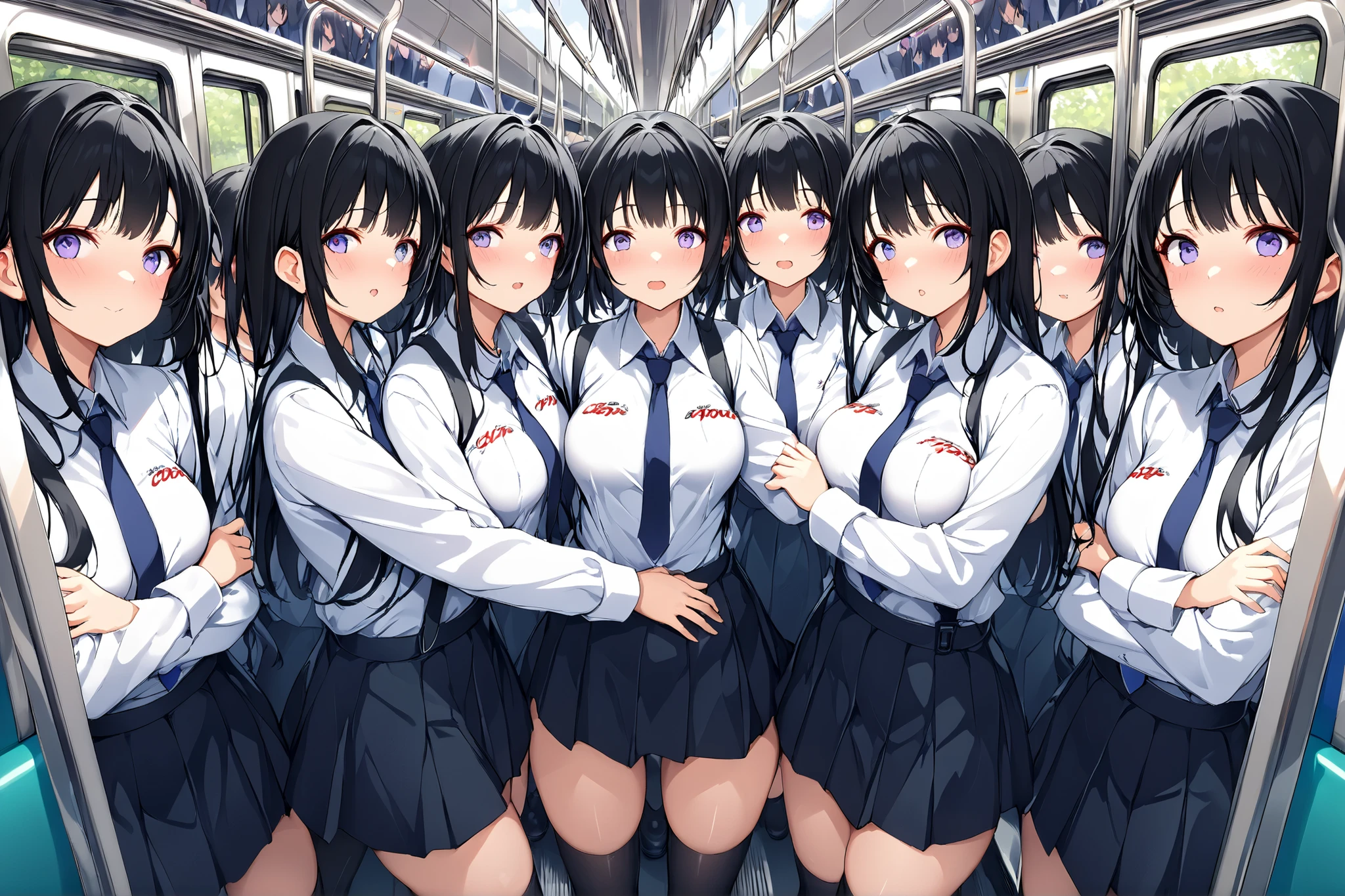 score_9_up, score_8_up, score_7_up, BREAK((Special Masterpiece, Top Quality:1.5, Highest Image Quality, high resolution, highly detailed CG integrated 16K wallpaper)), ((Clone girl, Proliferation:1.2, Clone girl only world, Crowded, Proliferation群衆, on the train,Standing, Tokyo)), tall, thighs, Large breast implants, miniskirt, white shirt, necktie, Not boy, 360° encirclement, Close to body , Close Face, My chest hits, hug, Momikucha,