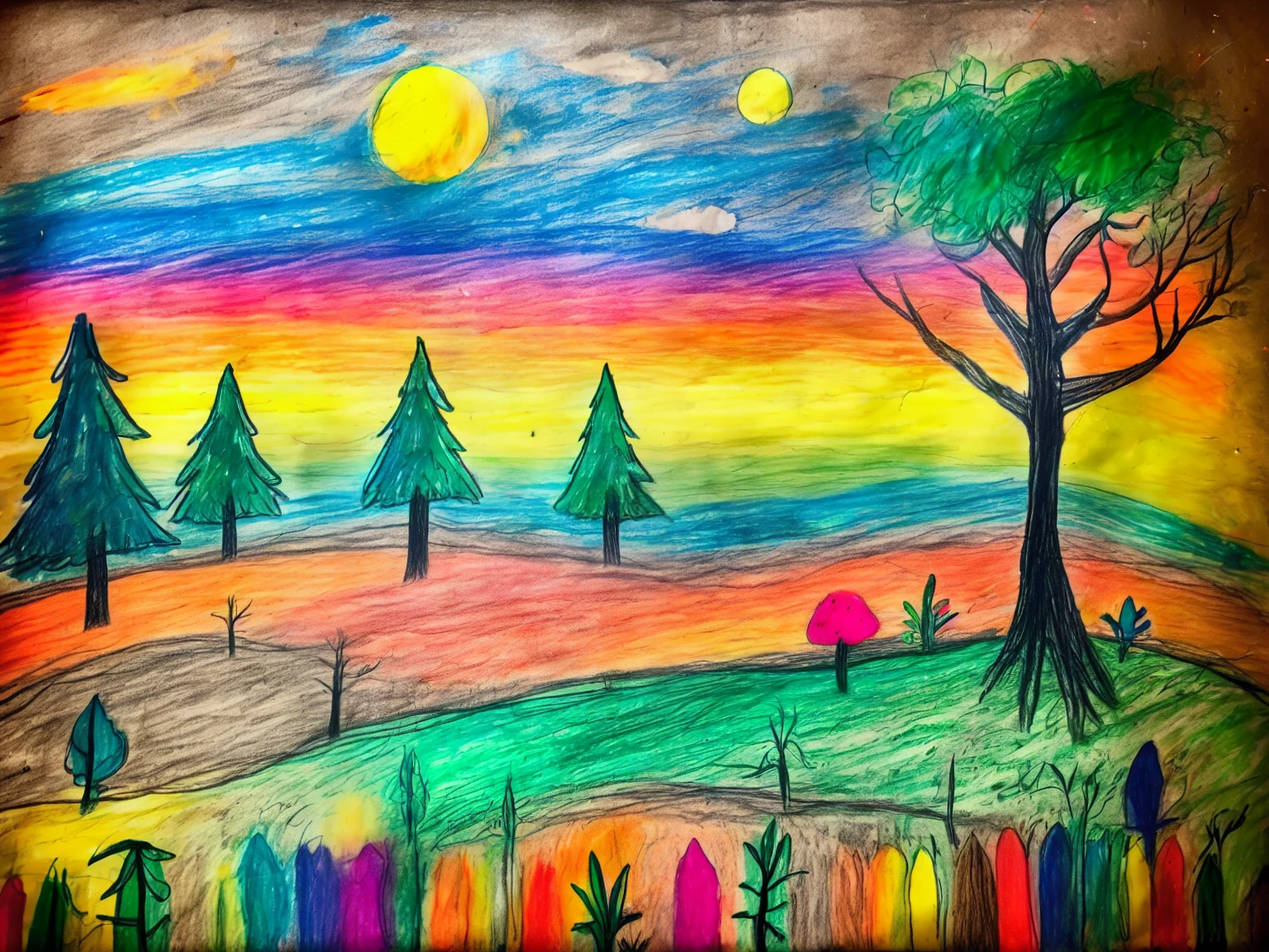 forest, drawn with colored chalk, messy, doodle 