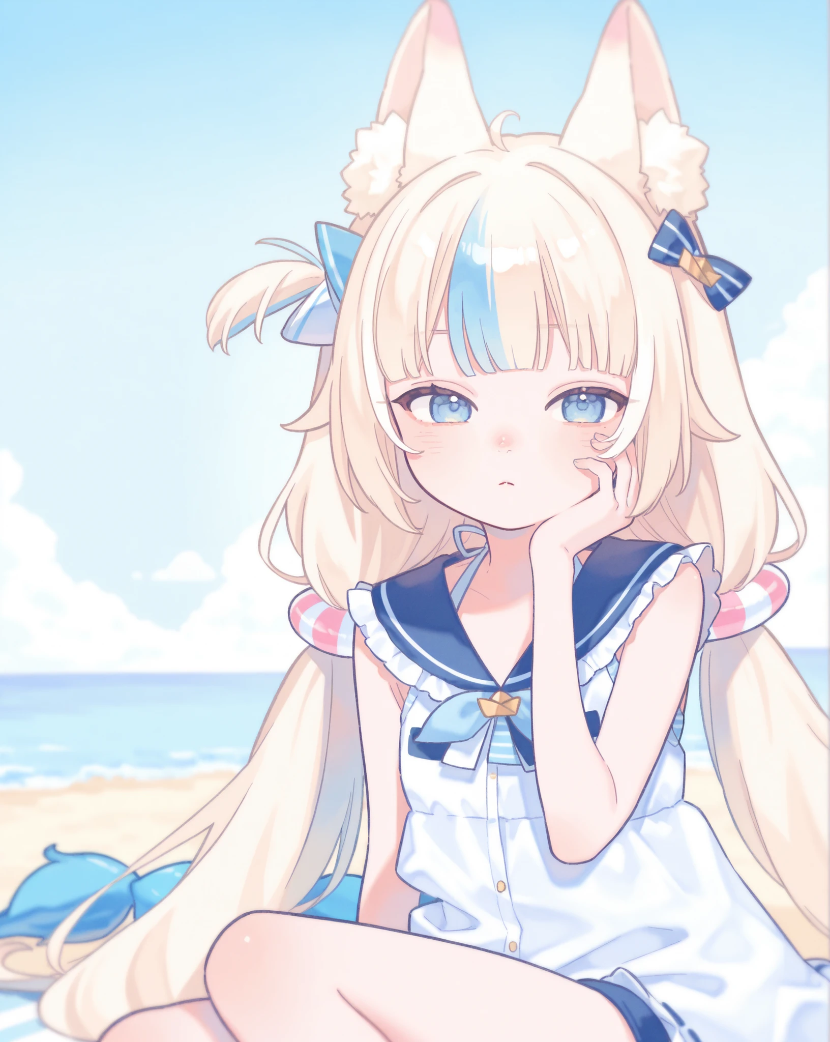 front viewer, 8k, watercolor style, ((pastel colors, soft colors)), (masterpiece), upper body, hyper detailed, best quality, sameko saba, detailed nose, small lolita, wide waist, hand on face, cat ears, background beach, sitting,