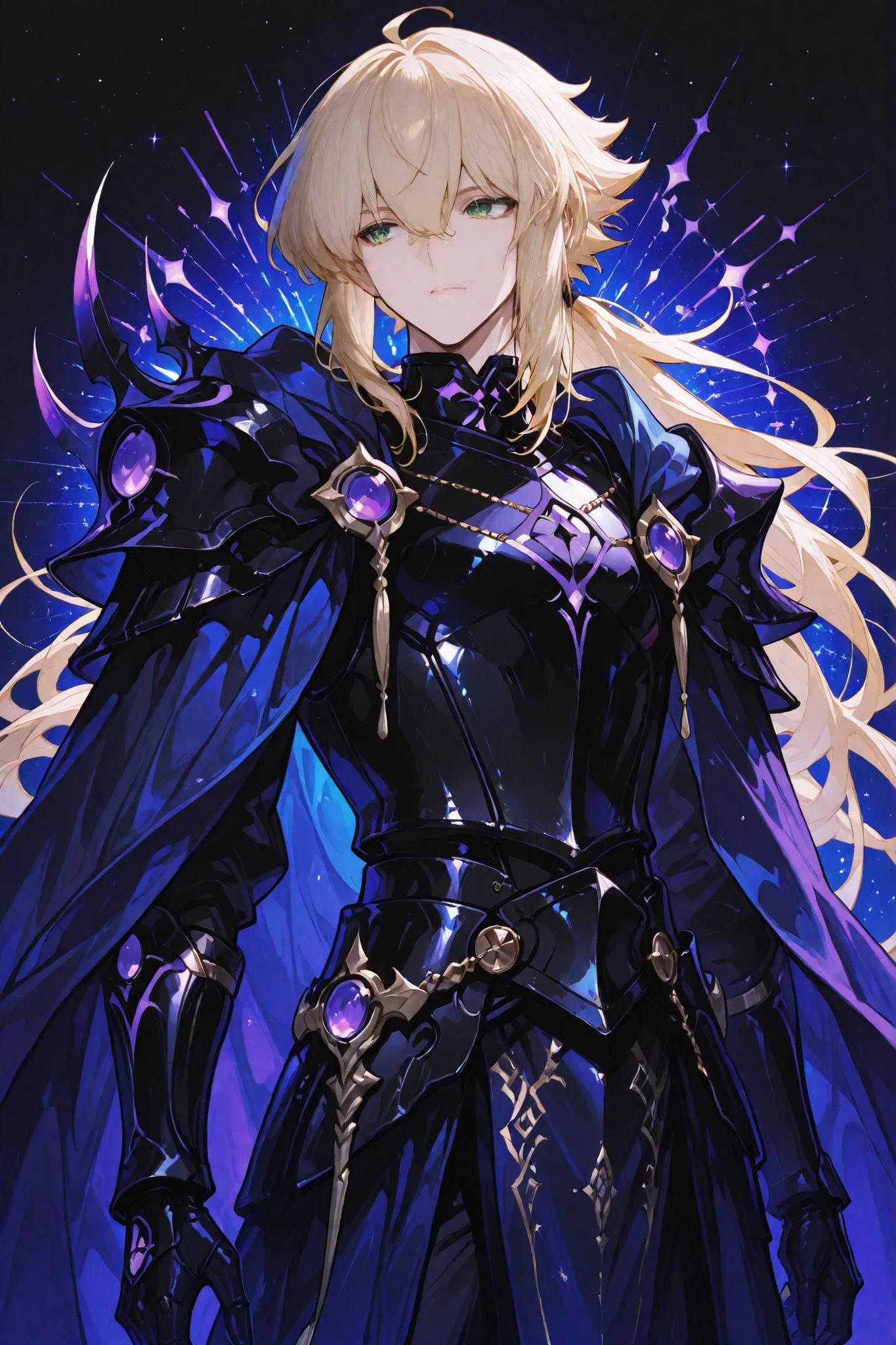 jadenyuki,Man, elegant, with luxurious clothes, appearance of an honorable knight with flowing blond hair, medium length and tied in a long ponytail, with purple ornaments on his clothes where beneath the deep blue cloak is a gleaming black armor, green eyes