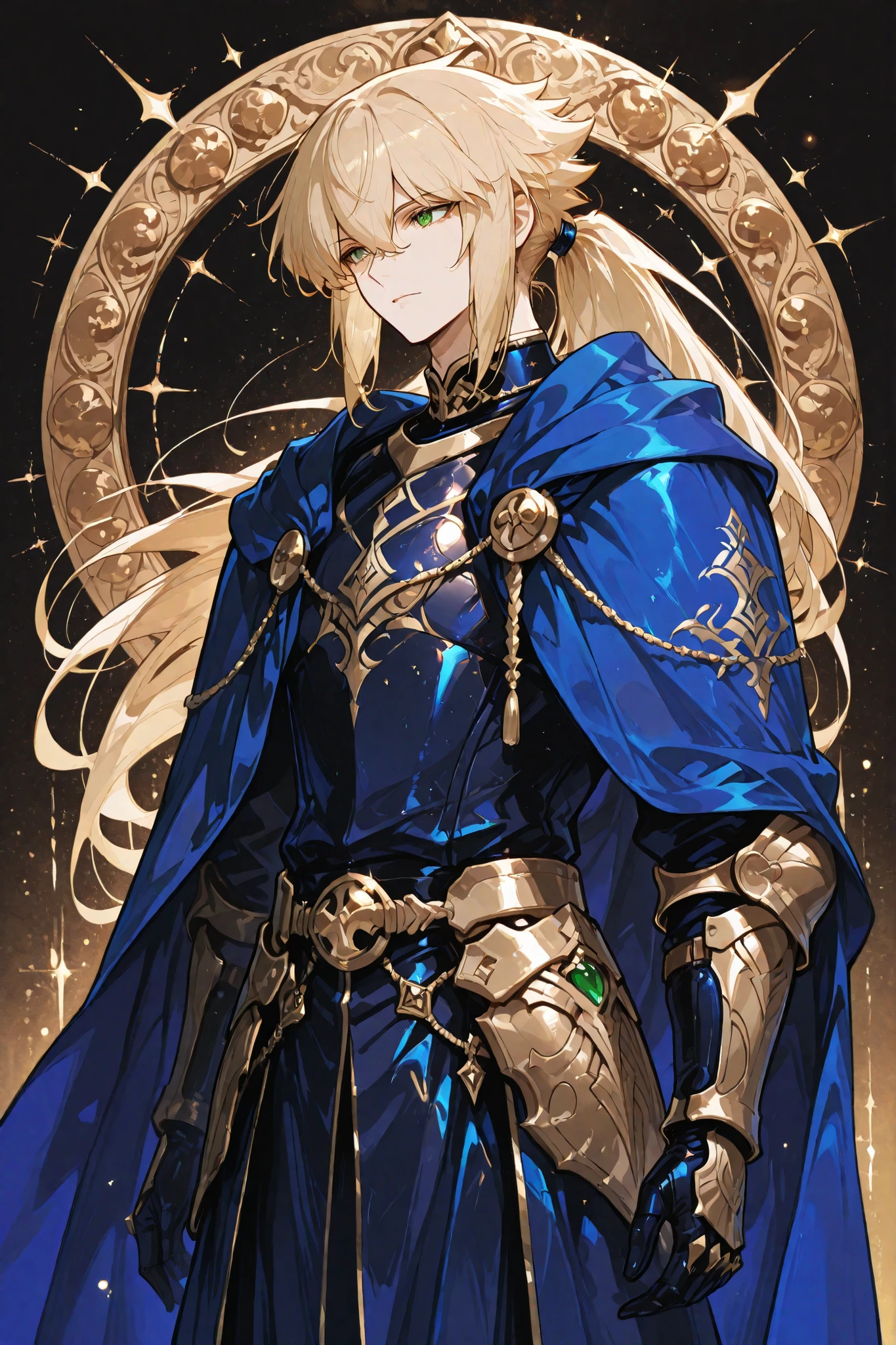 jadenyuki,Man, elegant, with luxurious clothes, appearance of an honorable knight with flowing blond hair, medium length and tied in a long ponytail, with golden ornaments on his clothes where beneath the blue cloak is a gleaming armor, green eyes