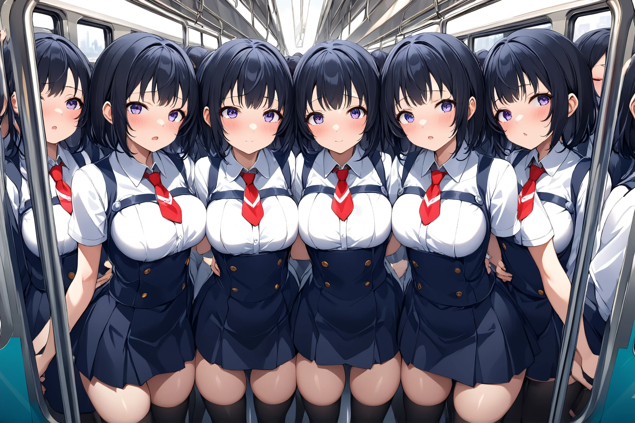 score_9_up, score_8_up, score_7_up, BREAK((Special Masterpiece, Top Quality:1.5, Highest Image Quality, high resolution, highly detailed CG integrated 16K wallpaper)), ((Clone girl, Proliferation:1.3, Clone girl only world, Crowded, Proliferation群衆, on the train, Commuter Rail, Standing, Tokyo)), tall, thighs, Large breast implants, miniskirt, white shirt, necktie, Not boy, 360 degree complete siege in the Clone crowd, Close to body , Close Face, My chest hits, hugged , Momikucha, Close to breathing, Sweet Temptation,