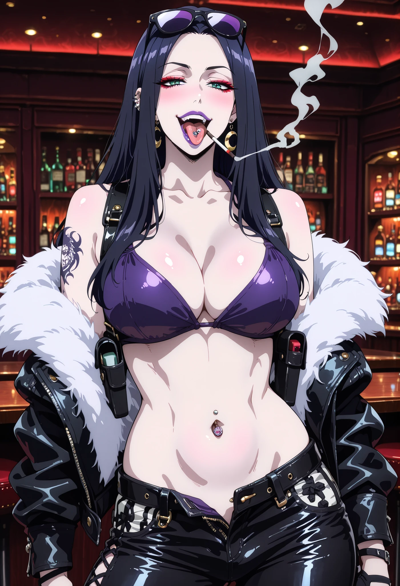BNHDeborahGollini, black hair, green eyes, long hair, makeup, lipstick, purple lips, red eyeshadow, long fingernails, nail polish, red nails, , crescent earrings, wide hips, curvy, detailed eyes, detailed hair, detailed skin, looking at viewer, nail polish, ,makeup ,nail polish, ear piercing, long hair, blush, lipstick,Hot girl, baddie, smoking, sensual, attractive ,bar background, inside bar ,indoors, , casino, , fur jacket , bare shoulders , white fur , , , leather pants , dark brown , fur , side inserts , belt , weapon holder , weapon , fingerless gloves , leather , forearms , sword , short , strapped , belt , cowboy shot , masterpiece , best quality , highly detailed , a girls with a gun , evil smile , open mouth , sexy gaze , badass pose , evil smile , smile , (nsfw) not safe for work , guns blazing , anime girl with long hair , beautiful long haired girl , navel , evil expression , exposed belly , exposed navel , exposed midriff , exposed lower belly , long black pants , cleavage , unbuttoned leather pants , open fly , low rise black leather pants , leather jacket , holding a gun , holding pistol , unbuttoned shirt , collared shirt , knot , pull_down leather pants , (show off panties , :1 . 2 , no panties) , pull_down long black pants , pull_down black leather pants , zip up leather jacket , bikini top , navel piercing , cross-laced slit , tongue piercing , tongue out , open mouth , clitoris piercing ,, , shoulder holster,, sunglasses on head, medium large Breasts, dragon tattoo on waist, narrowed eyes, tattoo on waist,, anipai_style , anime screencap , anime coloring,,