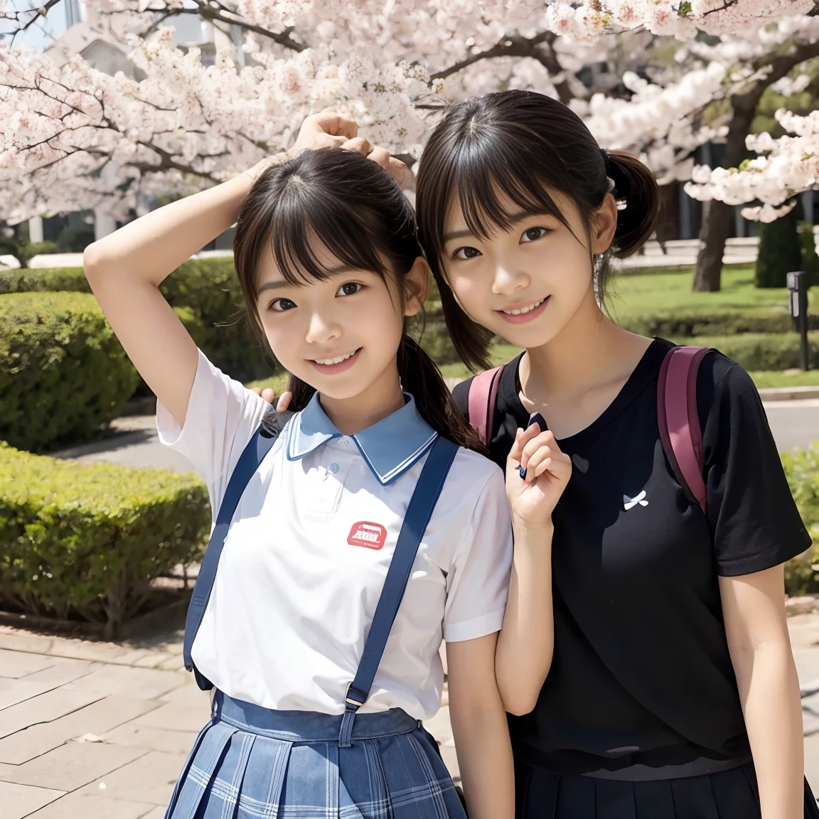 two girls standing in the park,Plain white school gym shirt with navy blue trim,Navy blue speed briefs,Red headband,White headband,18-year-old,bangs,The mouth is half open,Thighs,knees,Straight hair with barrette,From below,Front light, White  visible through the skirt、((Lift the hem of the skirt with both hands to reveal the ))、The simple cuteness of a celebrity-like face
