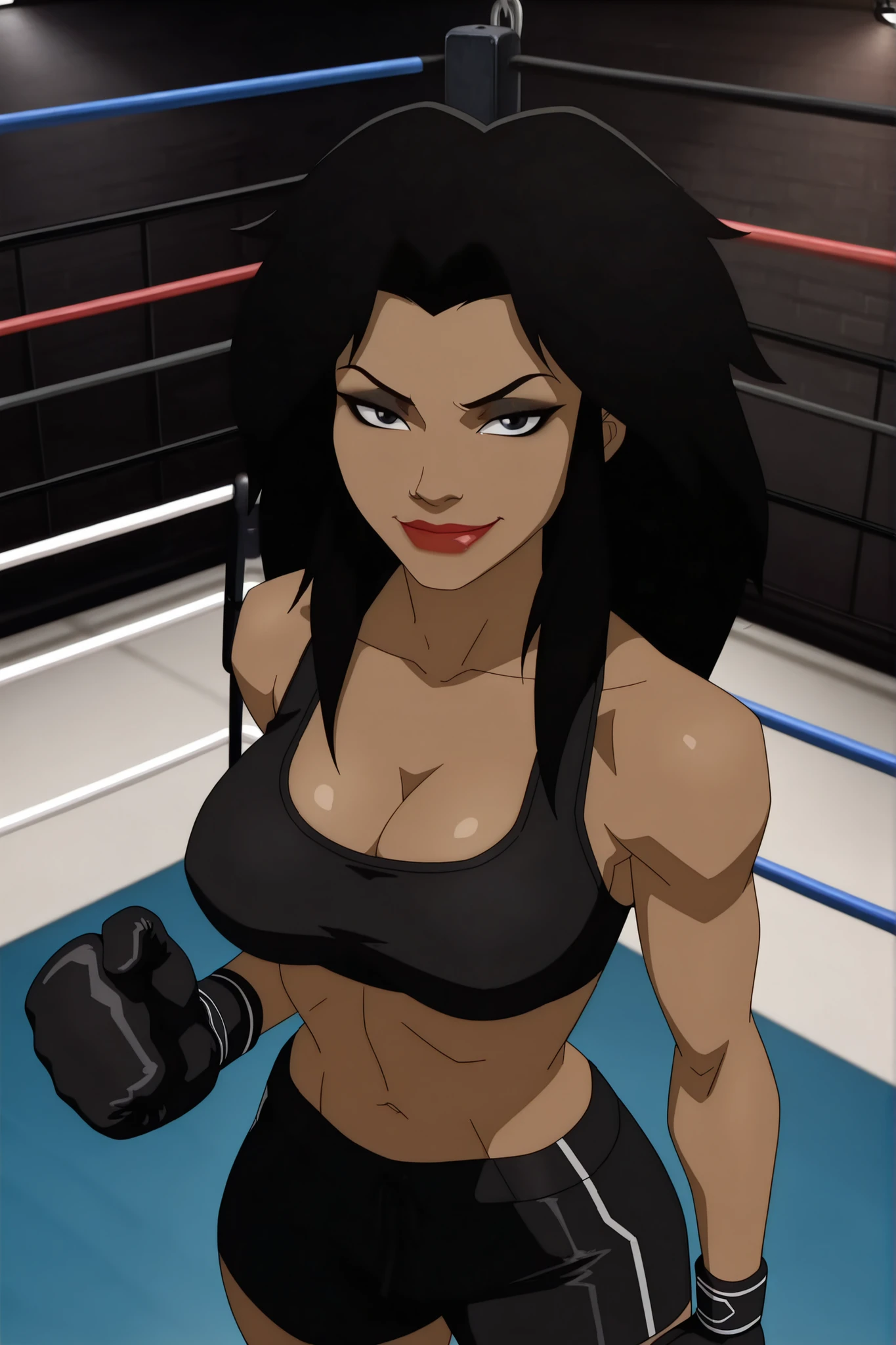BREAK, score_6_up, score_7_up, score_8_up, score_9, 1girl, solo, long hair, black hair, black eyes, lipstick, makeup, dark skin, dark-skinned female, ch3x4s3f1r3, very large breasts, busty, cleavage, curvy, athletic, looking at viewer, seducing viewer, teasing viewer, seductive expression, smiling, closed mouth, bedroom eyes, black bikini top, black workout shorts, black boxing gloves, indoors, boxing ring, standing, closeup, portrait, upper body, high-angle view, black eyeshadow, black mascara, thick thighs, wide hips