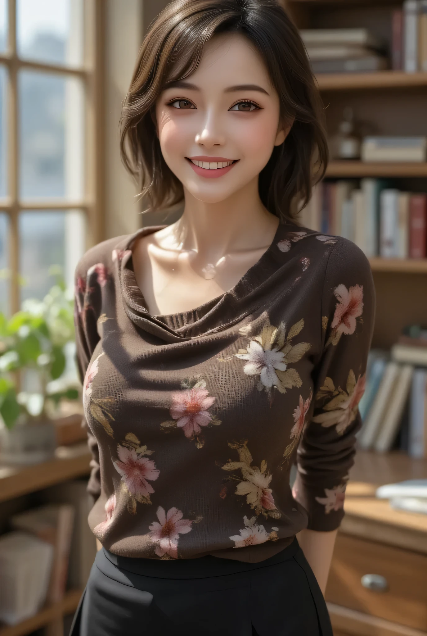 Attractive Japanese woman in her mid-forties standing confidently, wearing a floral dark brown cashmere sweater with an elegant cowl neck wrapping her ample décolletage. Tailored black-colored tight mini skirt accentuates her perfect proportions and graceful silhouette. Her expressive mouth reveals beautifully aligned teeth forming a gentle, knowing smile. Lustrous black hair styled into a sophisticated bob enhances her beauty. She stands elegantly in a warmly lit study surrounded by stacks of old books. Golden afternoon light streams through tall windows, illuminating her clear brown eyes that combine intelligence and warmth as they gaze directly into the camera. Full-body portrait, photorealistic, high-definition, natural lighting, perfect composition.
