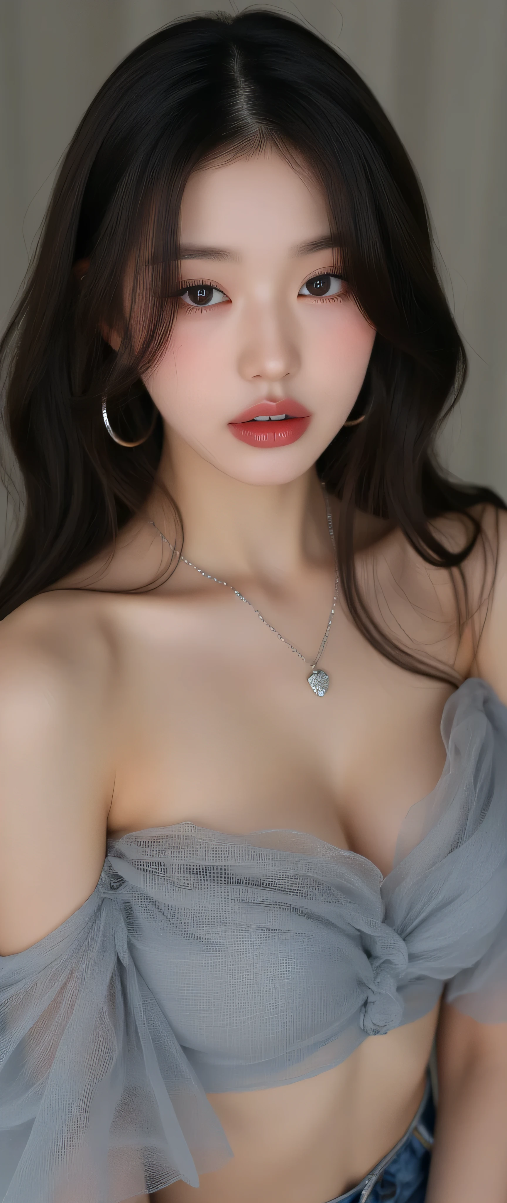 (full body close-up high angle:1.2), (1 girl: comely, from korea, ear old, cute, very dark messy hair, very long mascara eyelashes, comely detailed (very dark) partially blocked brown eyes, comely detailed pink lip-glossed lips, (realistic complexion skin:1.2), (Dimples), extremely detailed eye and face, rounded and soft facial features, gaping mouth, Seriously, (piercing de septo:1.2), large hoop earrings, choker necklace with pendant, loose gray crop top made of transparent tulle mesh over her large natural breasts, plunging neckline, Lots of cleavage, protruding nipples, very flat belly, very narrow waist, lots of belly exposed, Piercing no umbigo, Sheer Tulle Mesh Short Shorts with Extremely Low Waist and No Zipper:1.2, almost exposing pubic hair, Frontal wedgie, hip bones, tight slit, thick, toned thighs, comely legs, cutest feet with white pedicure, dancing and recording a tiktok video, (expression:self-confident,haughty,indifferent,awareness of your attractiveness), (fund: (bedroom environment )), (best quality,4K,8k,high resolution,work of art:1.2),ultra detali,(realisitic,photorealisitic,photo-realisitic:1.37),HDR,studio lighting,extreme detailed description,proffesional,(bright coloured),portraite