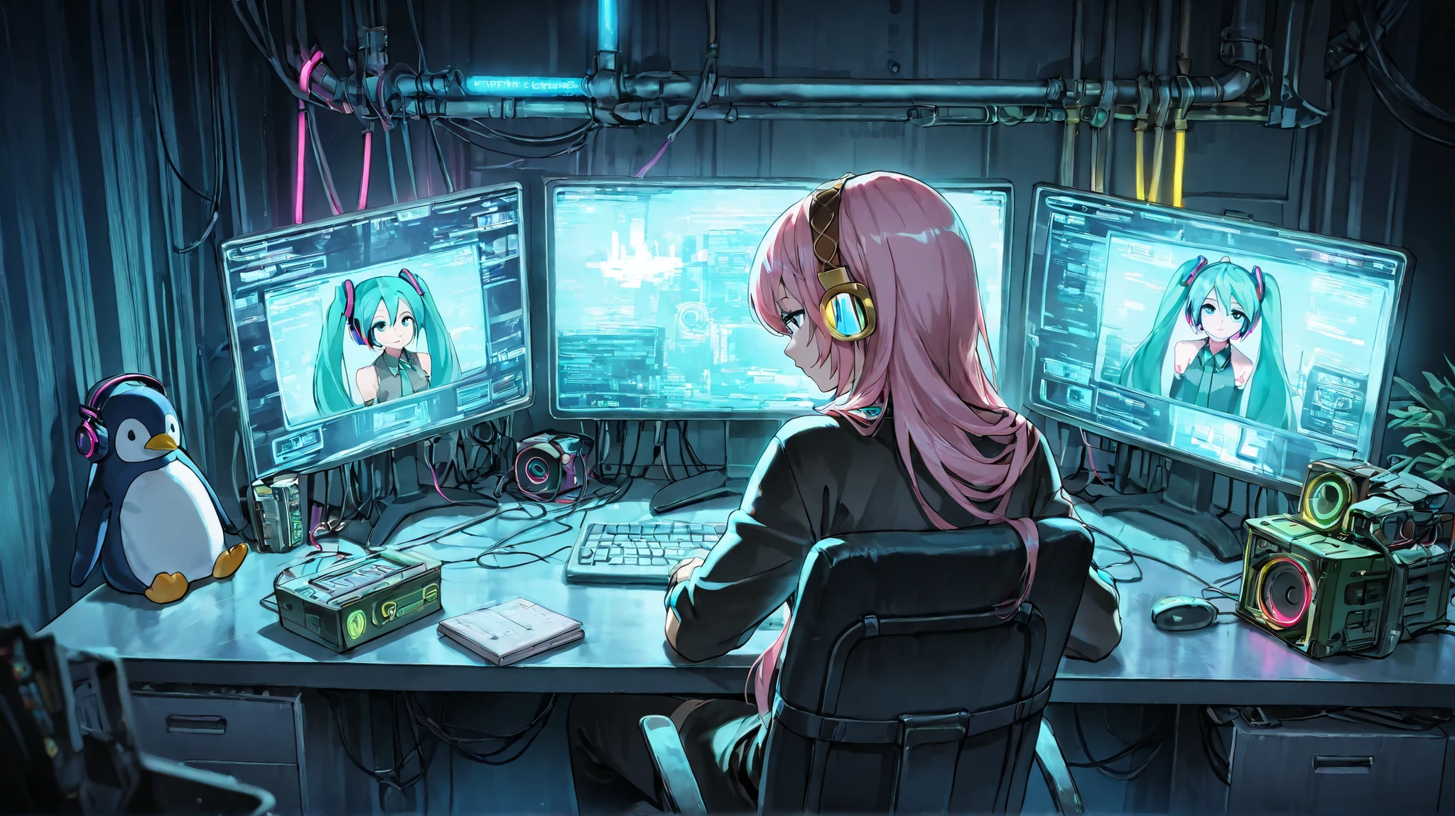 Hatsune Miku,Megurine Luka, headphones over green,hacker,sit at the desk,while working on a computer,neon light,Cinematic,cyberpunk,stuffed penguin